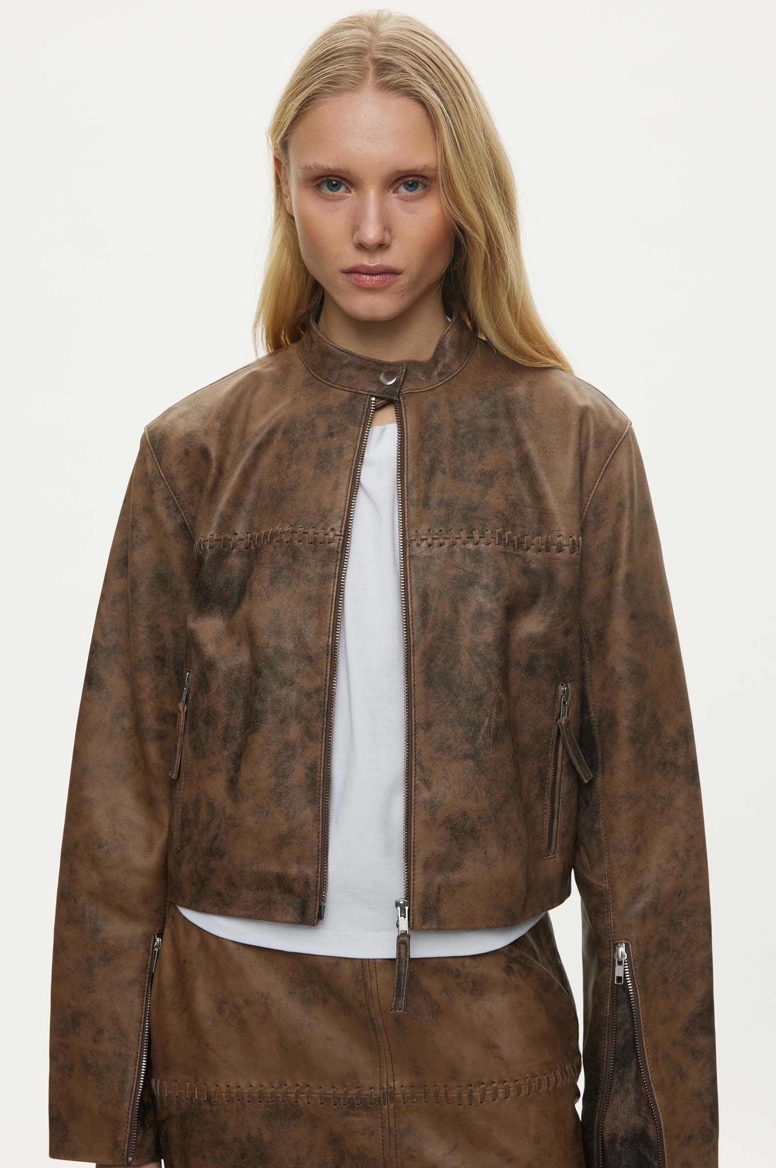 Oval Square Bee Leather Jacket JACKETS 6023 Pecan Brown