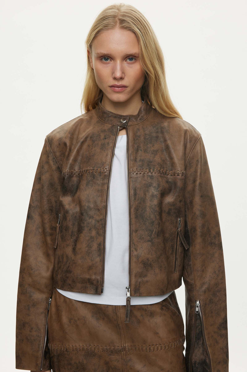 Oval Square Bee Leather Jacket JACKETS 6023 Pecan Brown