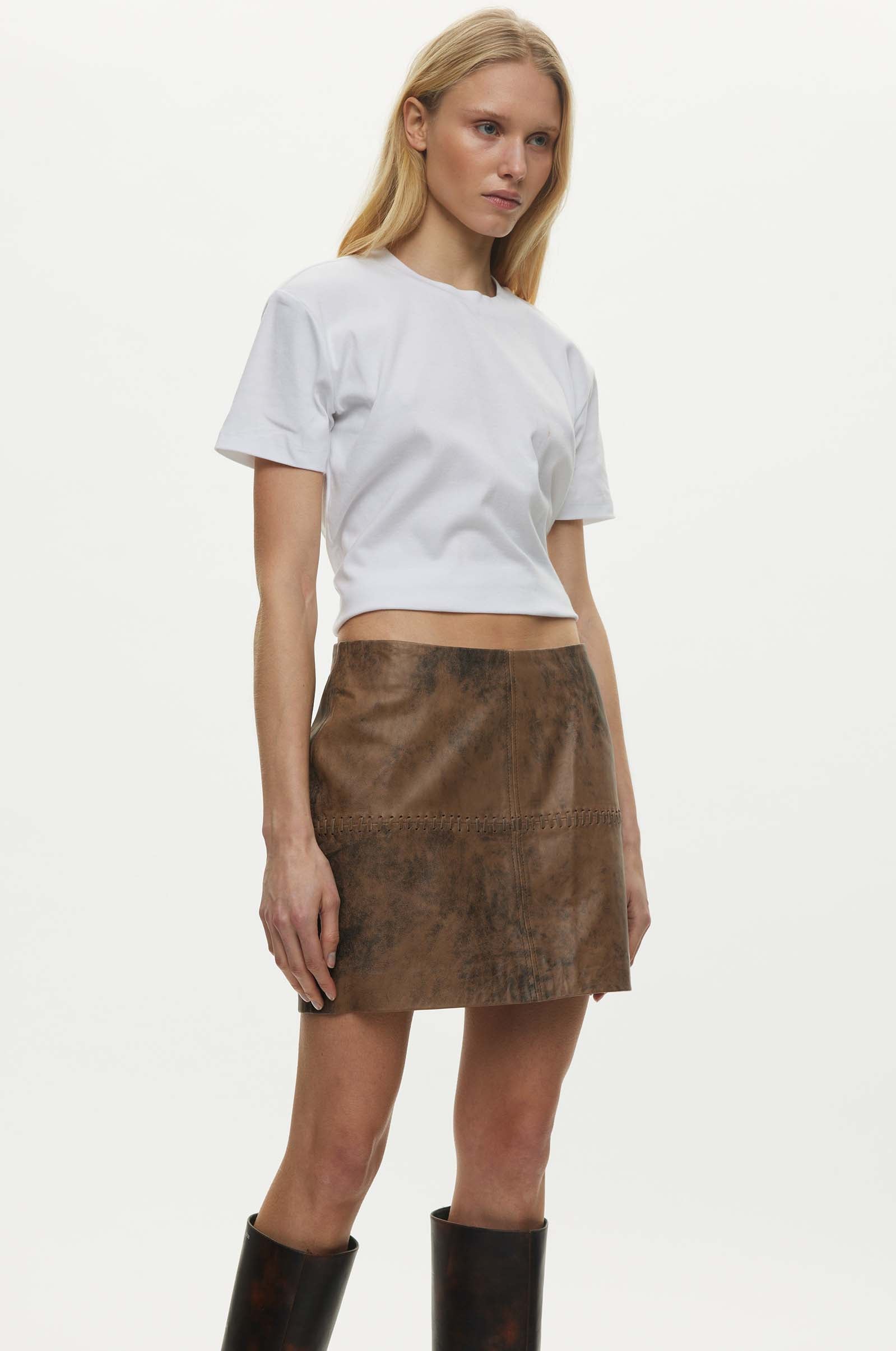 Oval Square Bee Leather Skirt SKIRTS 6023 Pecan Brown