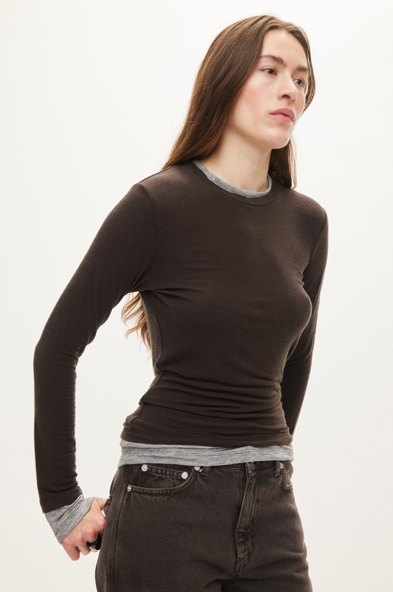 Oval Square Bibi Blouse BLOUSES Dark Brown / Grey Mel