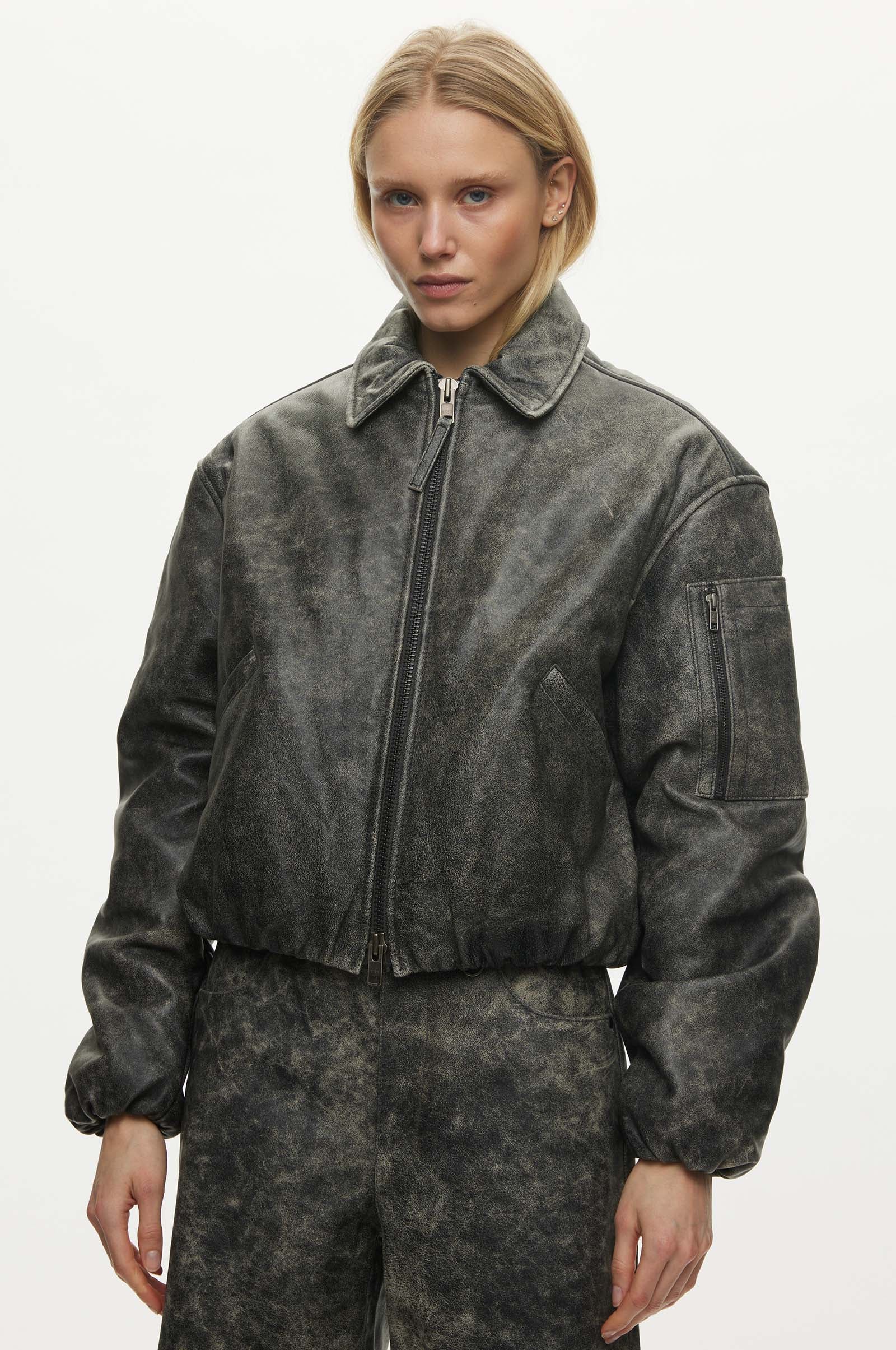 Oval Square Bold Leather Bomber JACKETS 7019 Dark Grey Washed