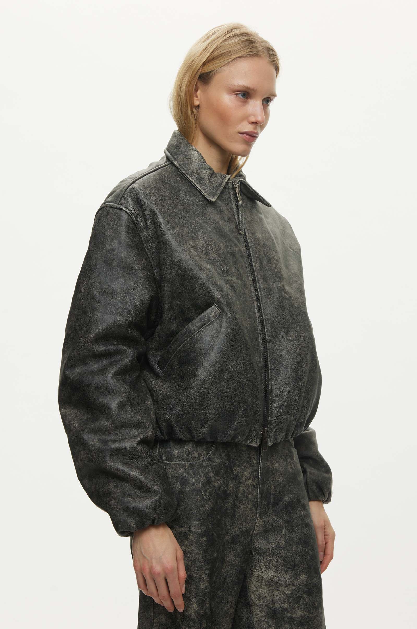 Oval Square Bold Leather Bomber JACKETS 7019 Dark Grey Washed