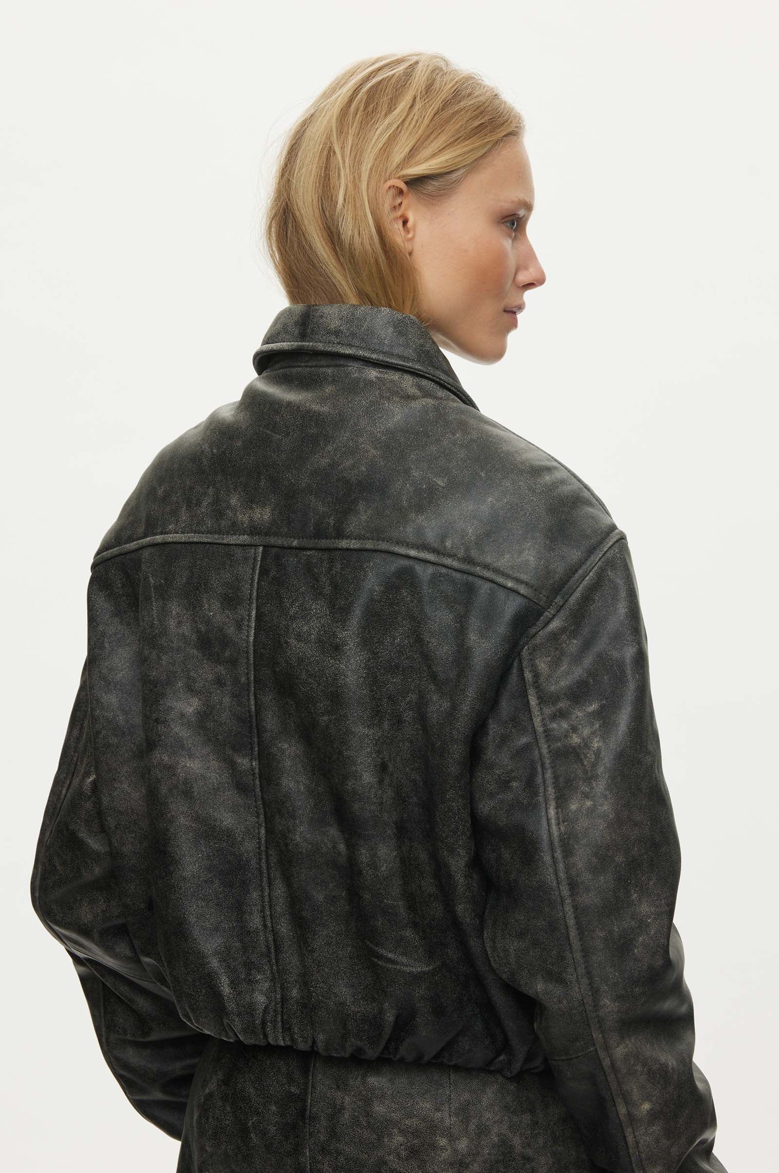 Oval Square Bold Leather Bomber JACKETS 7019 Dark Grey Washed