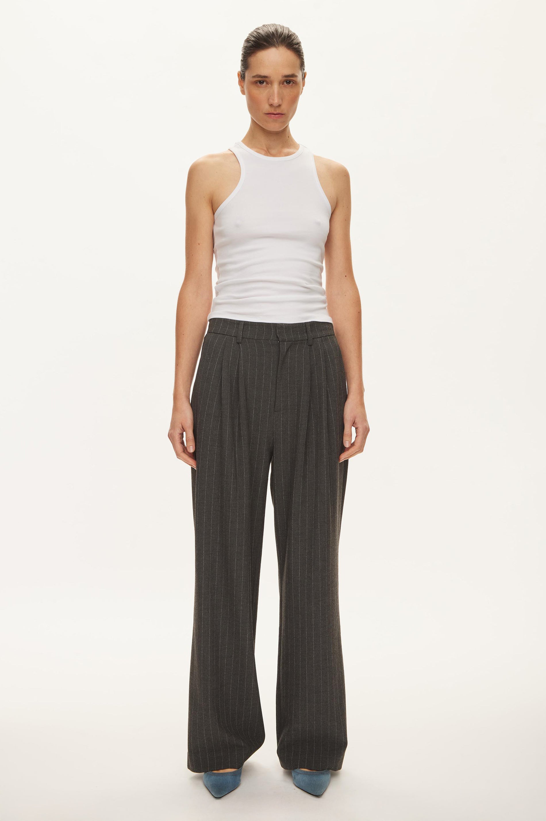 ノリボーwide stripe slacks グレー&ブラック　2本セット Noor Wide Pants - Grey Pinstripe – The Frankie Shop