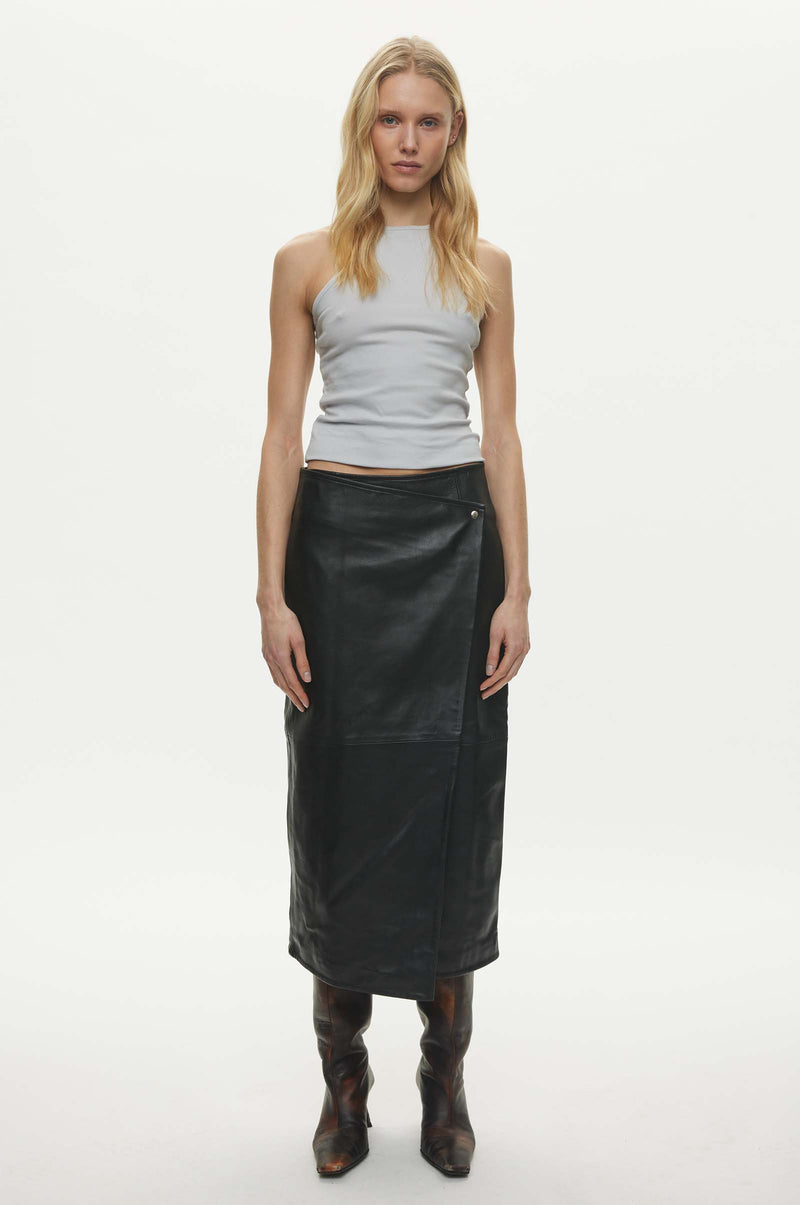 Oval Square Deep Leather Wrap Skirt SKIRTS 8001 Black