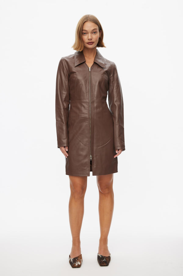 Oval Square Deep Leather Zip Dress DRESSES 6017 Cappucino