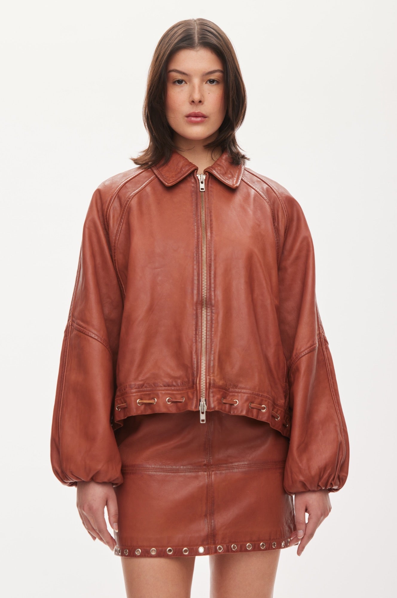 Oval Square Eye leather bomber JACKETS Worn warm brown