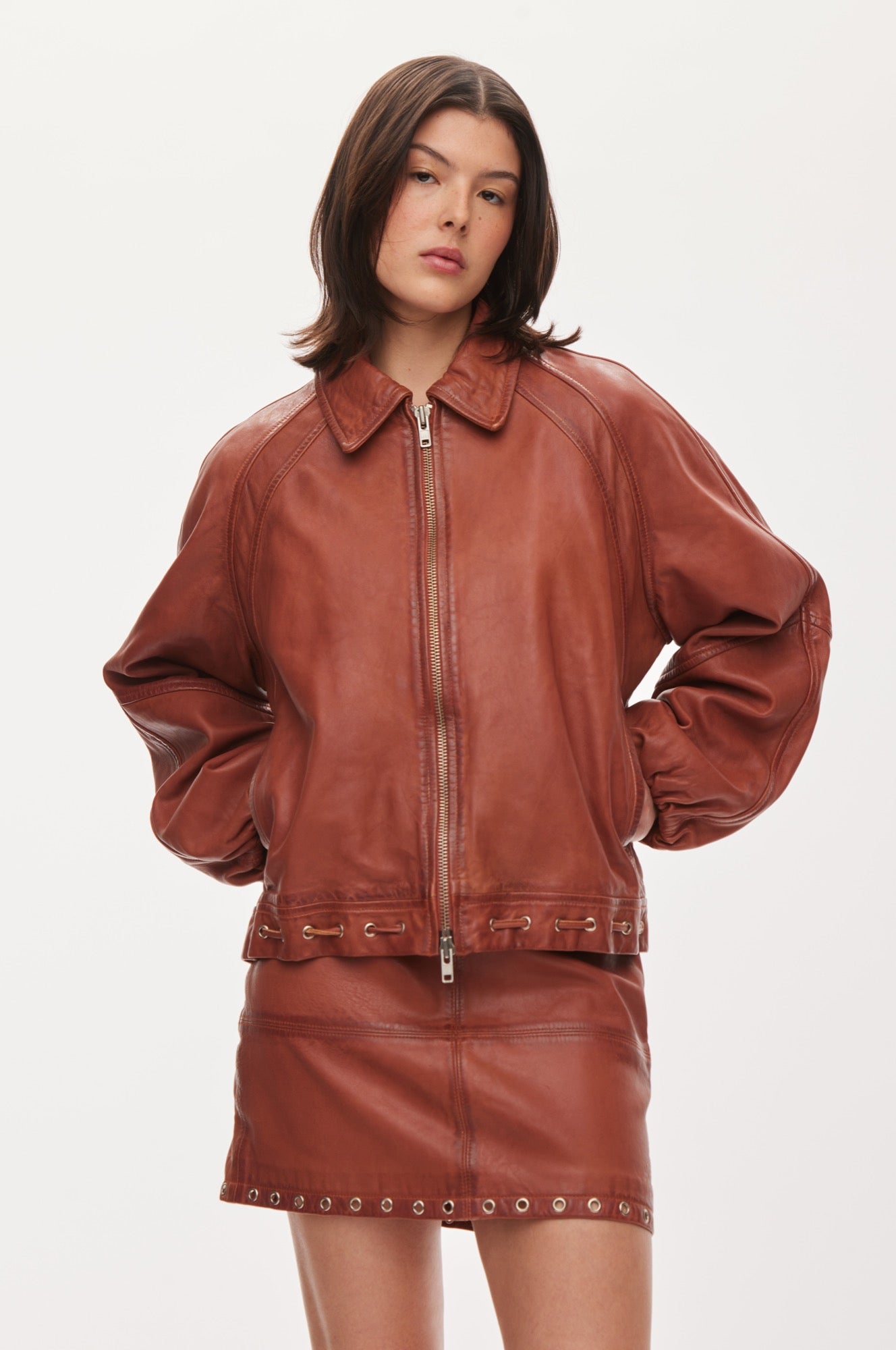Oval Square Eye leather bomber JACKETS Worn warm brown