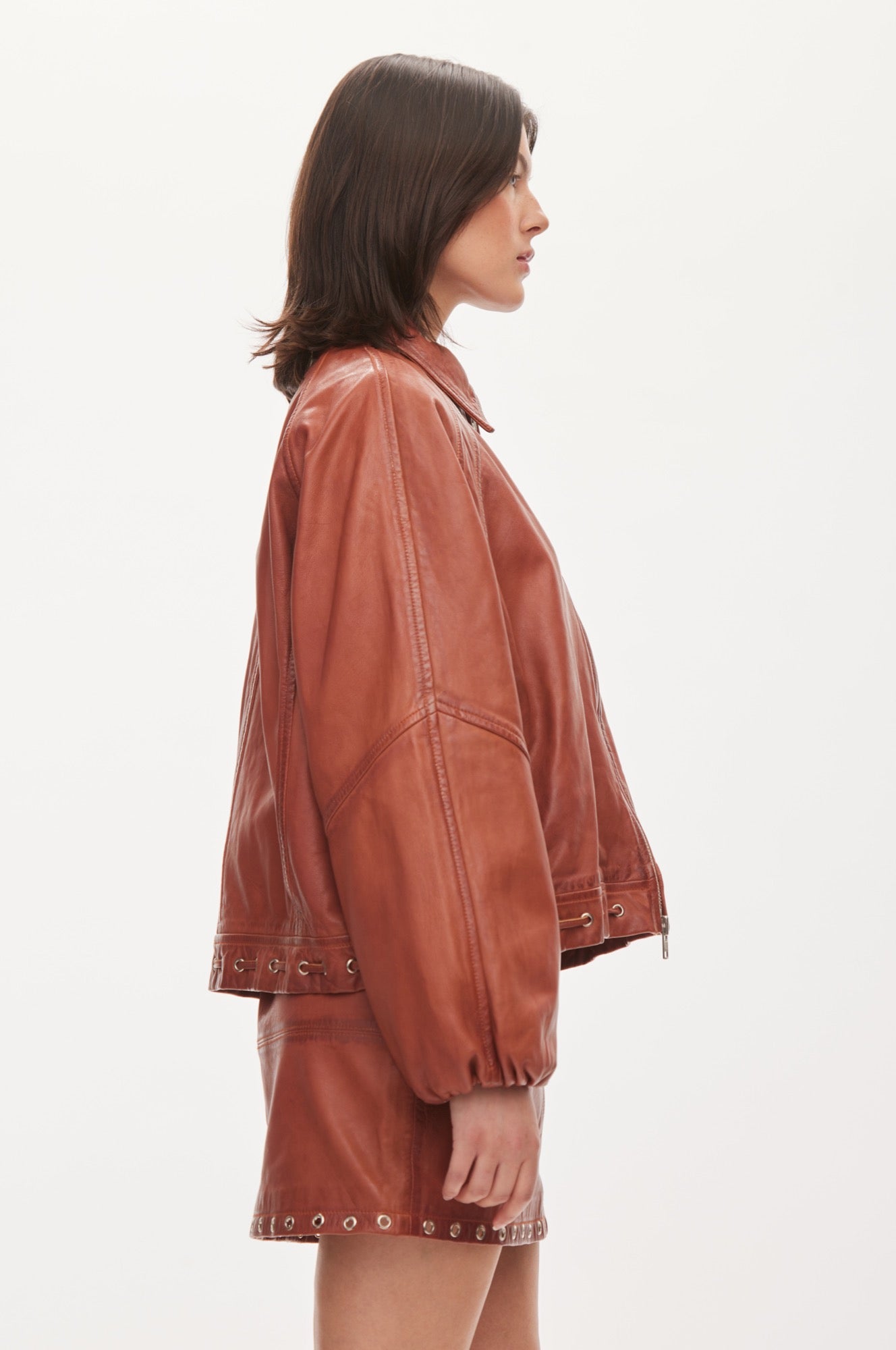 Oval Square Eye leather bomber JACKETS Worn warm brown