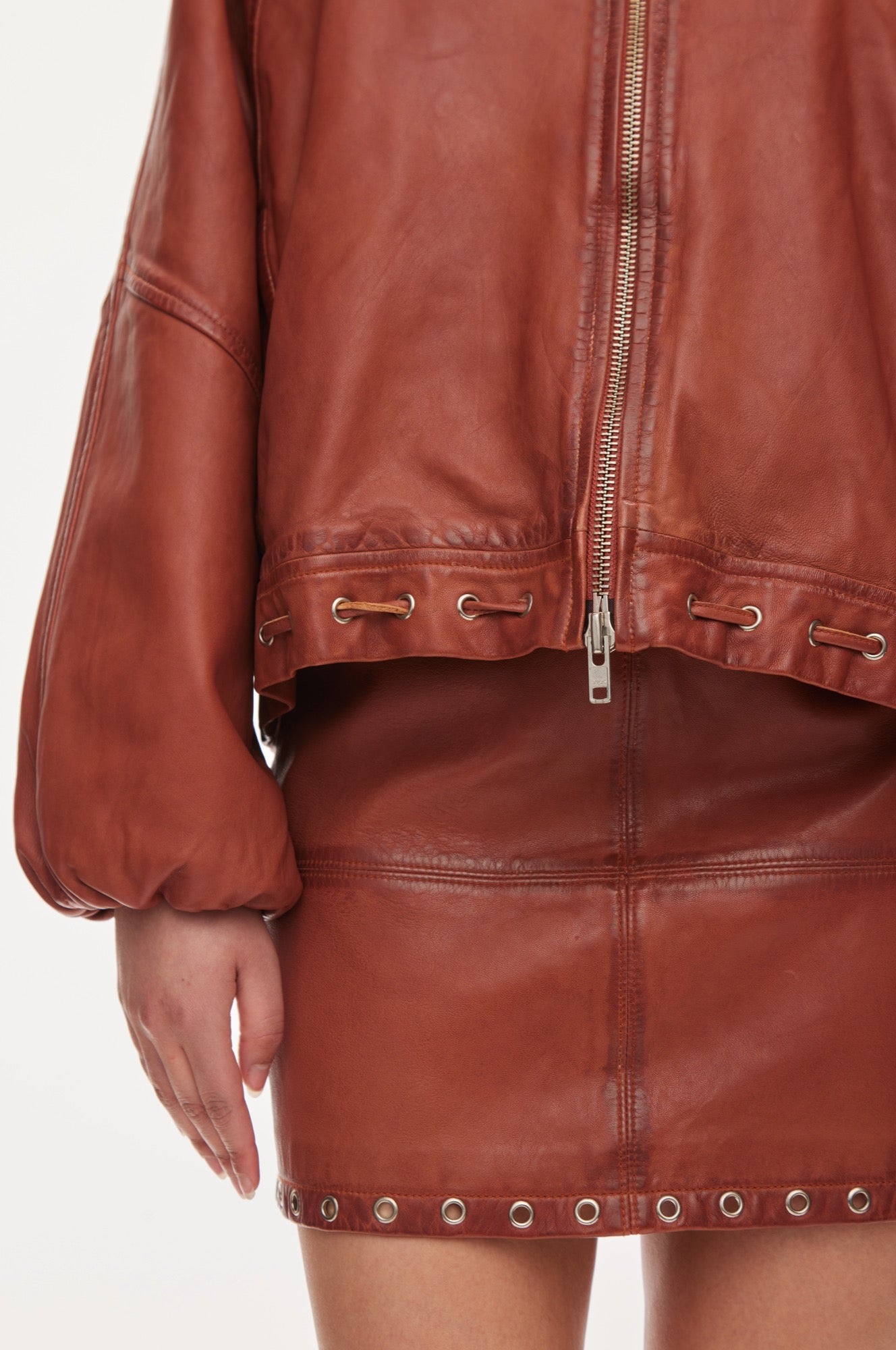 Oval Square Eye leather bomber JACKETS Worn warm brown