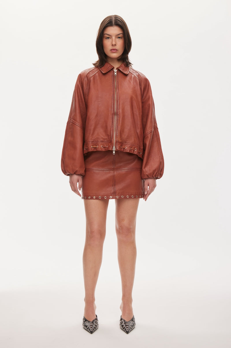 Oval Square Eye leather bomber JACKETS Worn warm brown