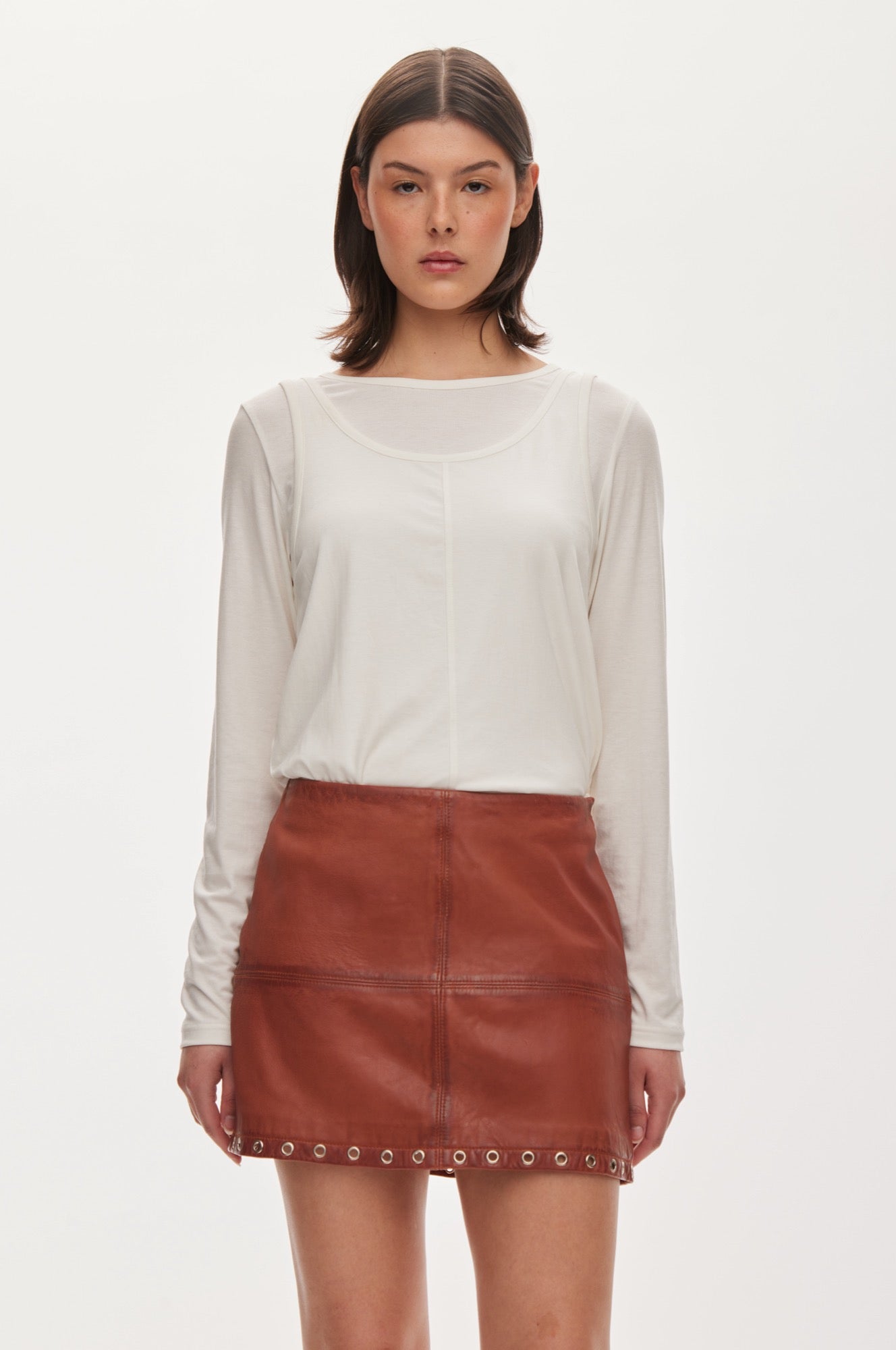 Oval Square Eye leather skirt SKIRTS Worn warm brown