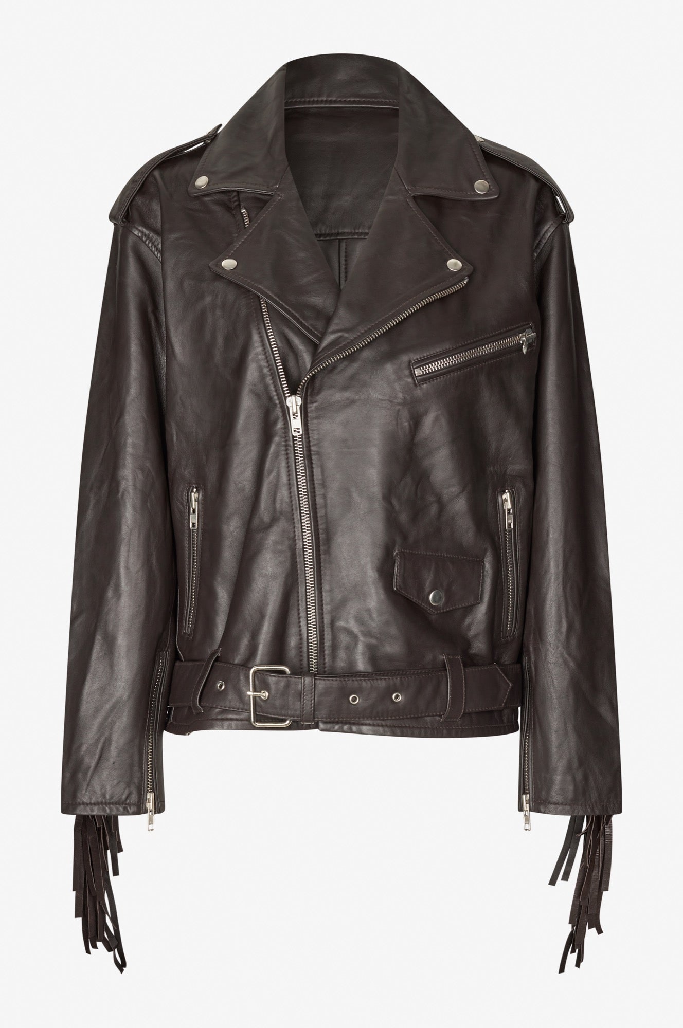 Oval Square Fringe Leather Biker JACKETS 6001 Dark Oak