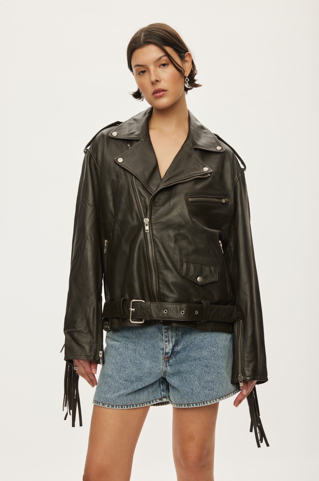 Oval Square Fringe Leather Biker JACKETS 6001 Dark Oak