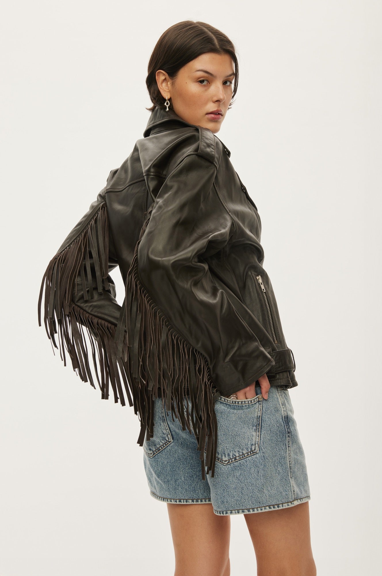 Oval Square Fringe Leather Biker JACKETS 6001 Dark Oak