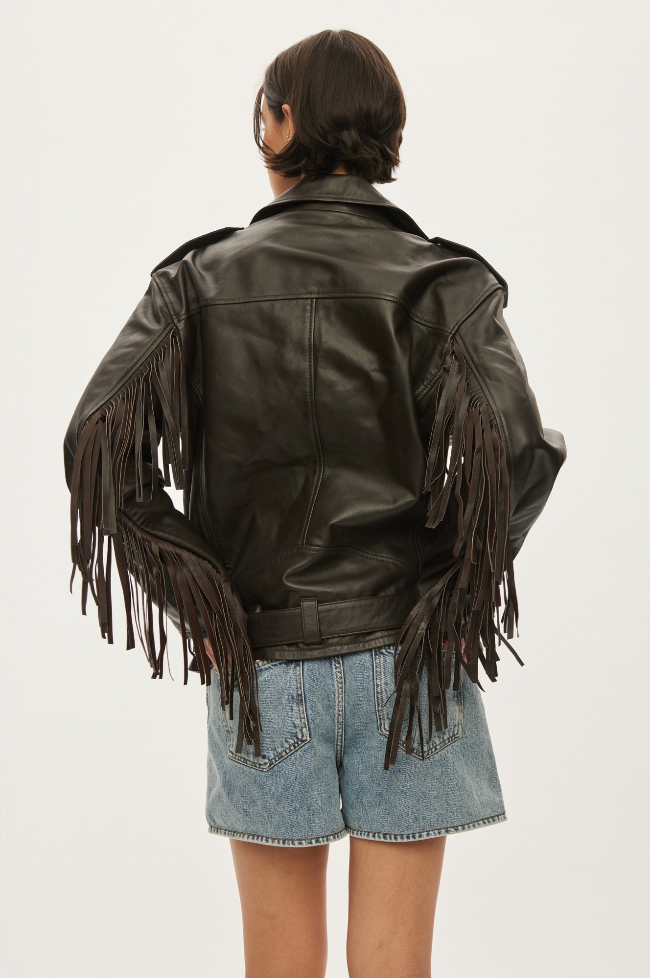 Oval Square Fringe Leather Biker JACKETS 6001 Dark Oak