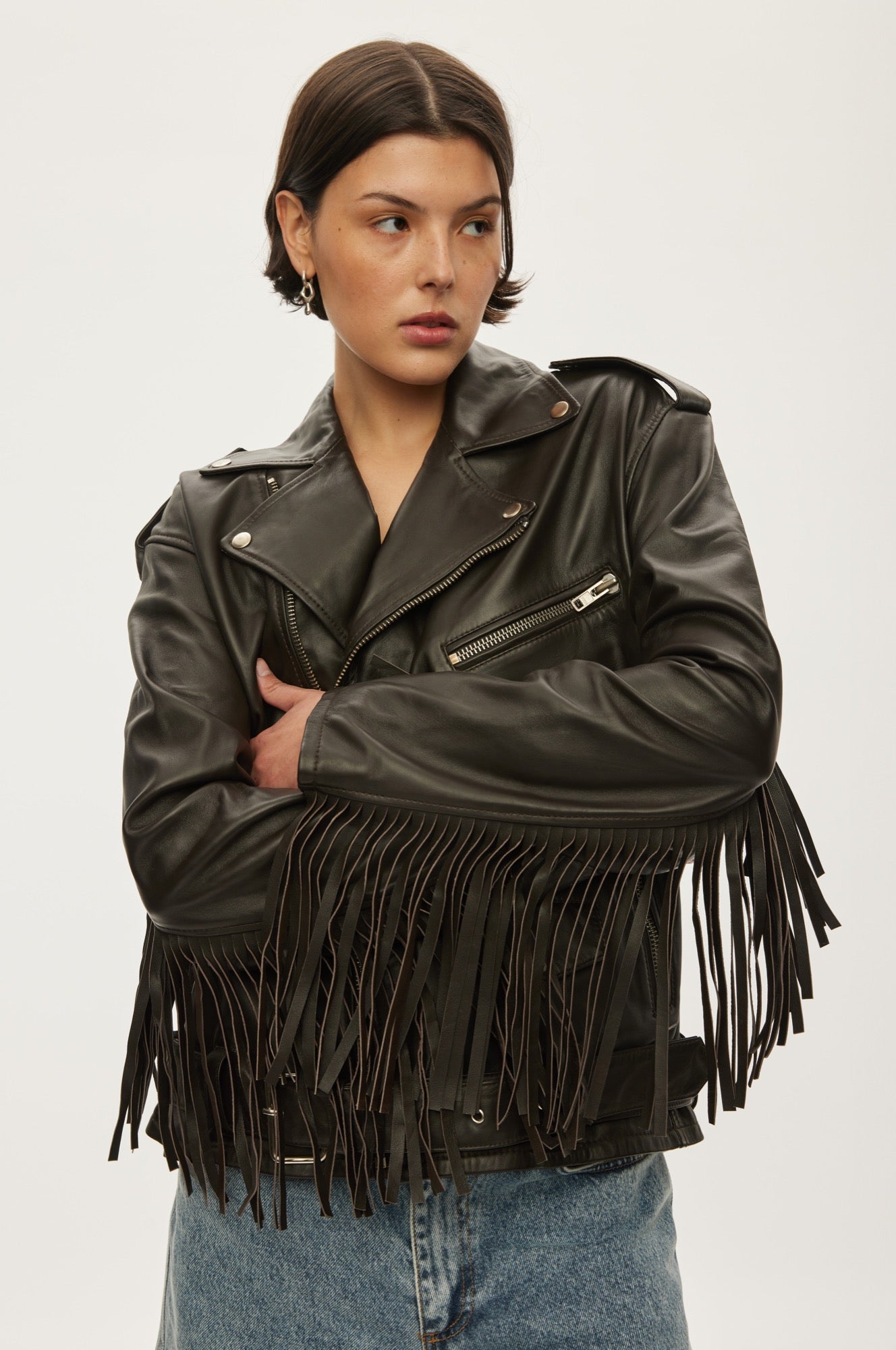 Oval Square Fringe Leather Biker JACKETS 6001 Dark Oak