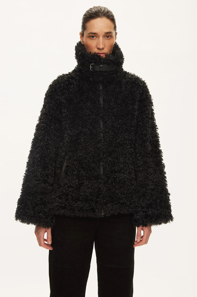 Oval Square Fuzzy Faux Fur JACKETS 8001 Black