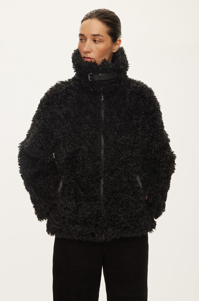 Oval Square Fuzzy Faux Fur JACKETS 8001 Black