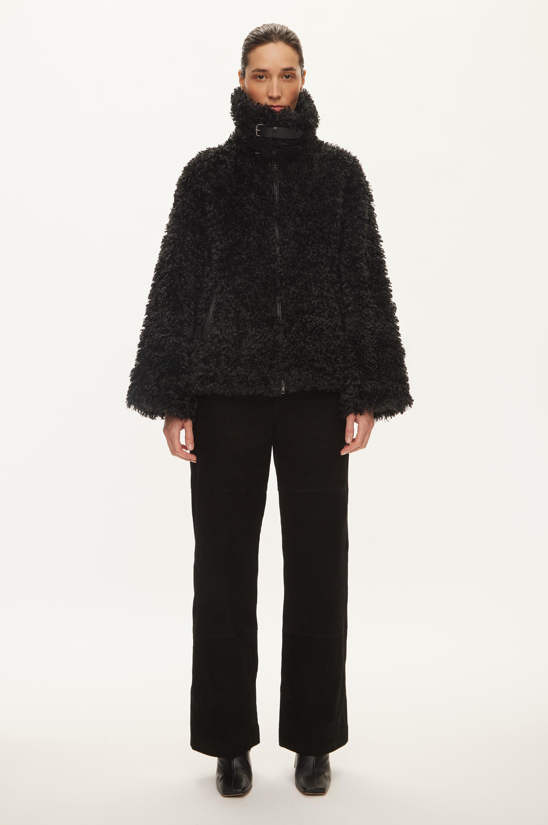 Oval Square Fuzzy Faux Fur JACKETS 8001 Black