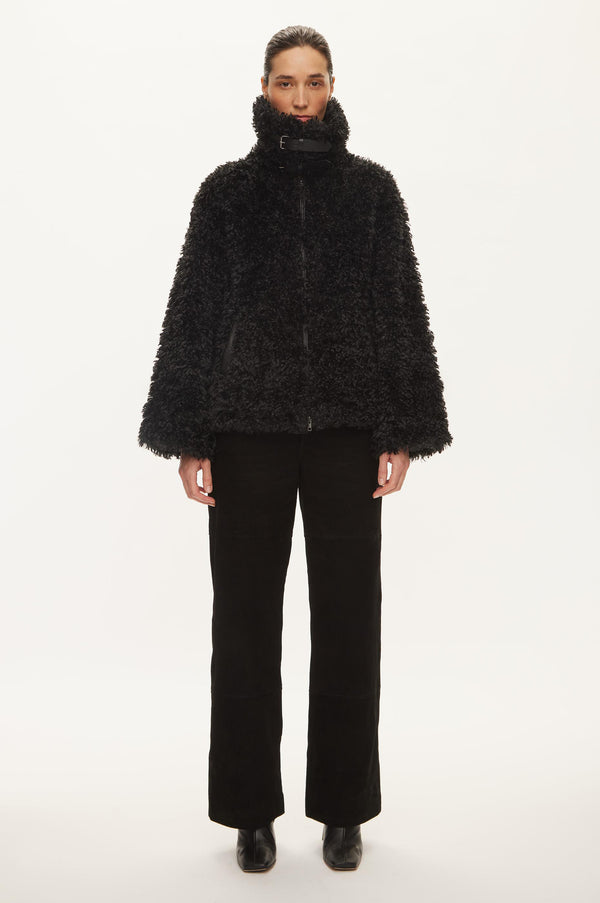 Oval Square Fuzzy Faux Fur JACKETS 8001 Black