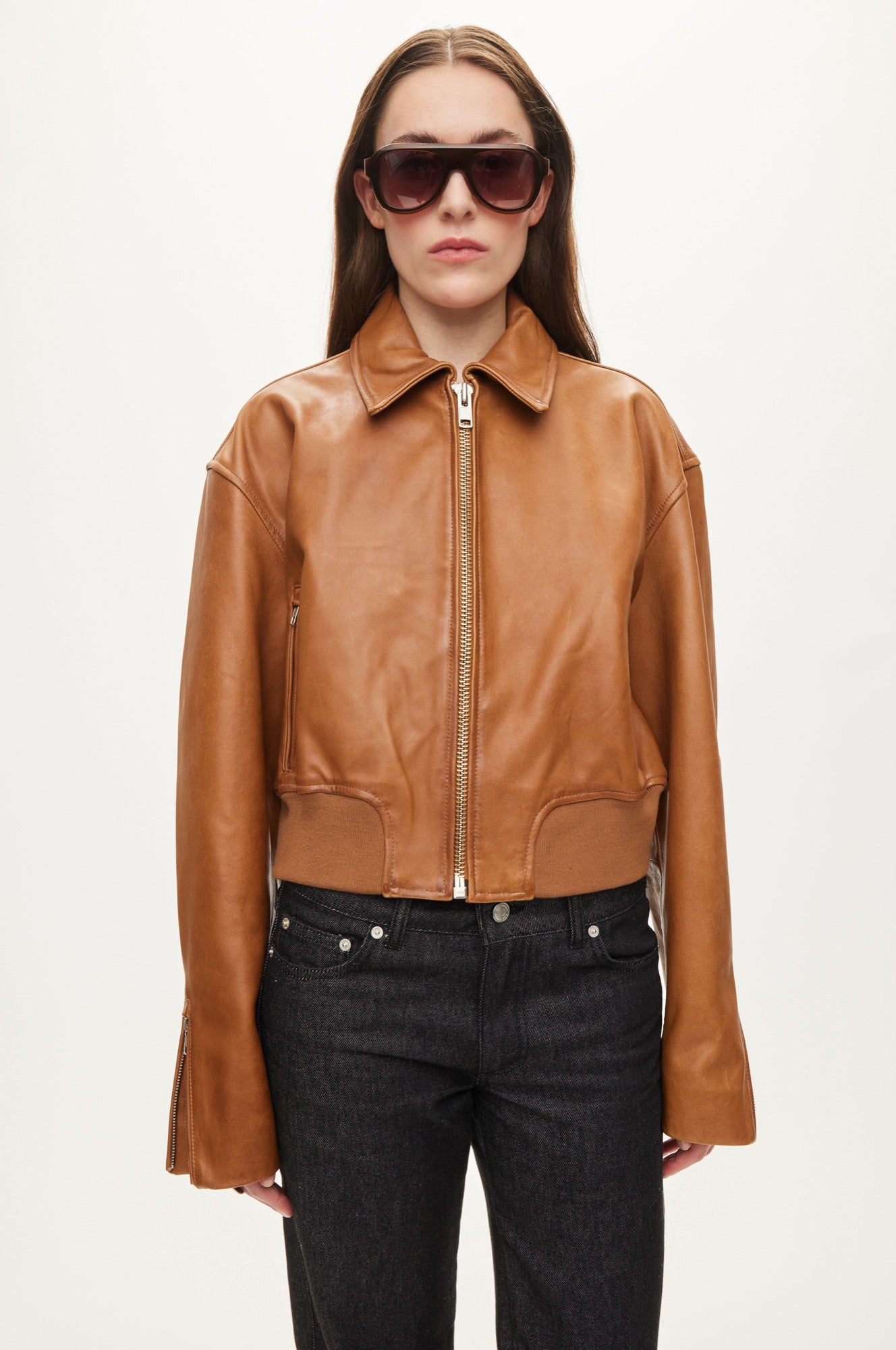 Oval Square Marilyn leather bomber JACKETS Cognac