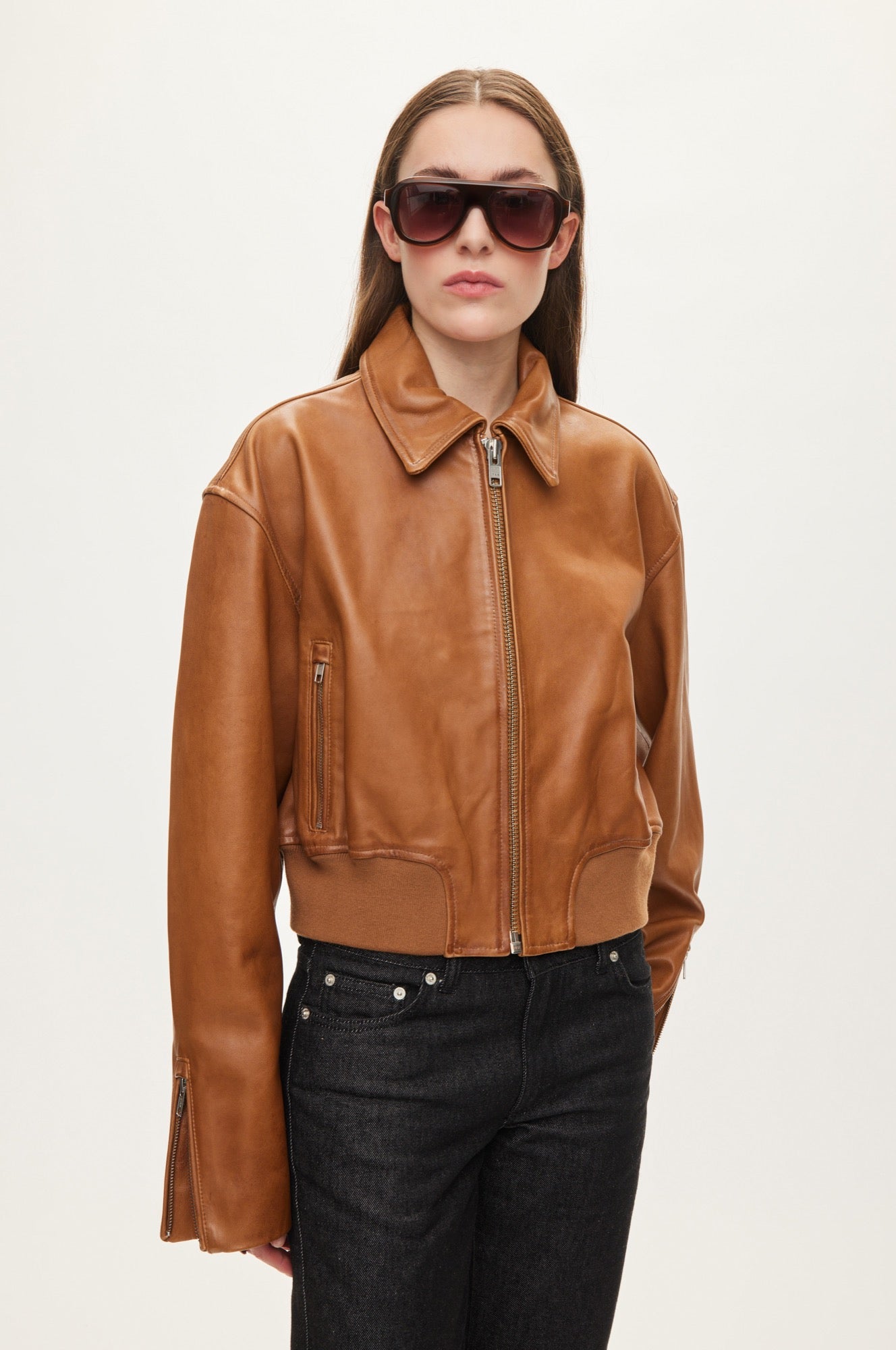 Oval Square Marilyn leather bomber JACKETS Cognac