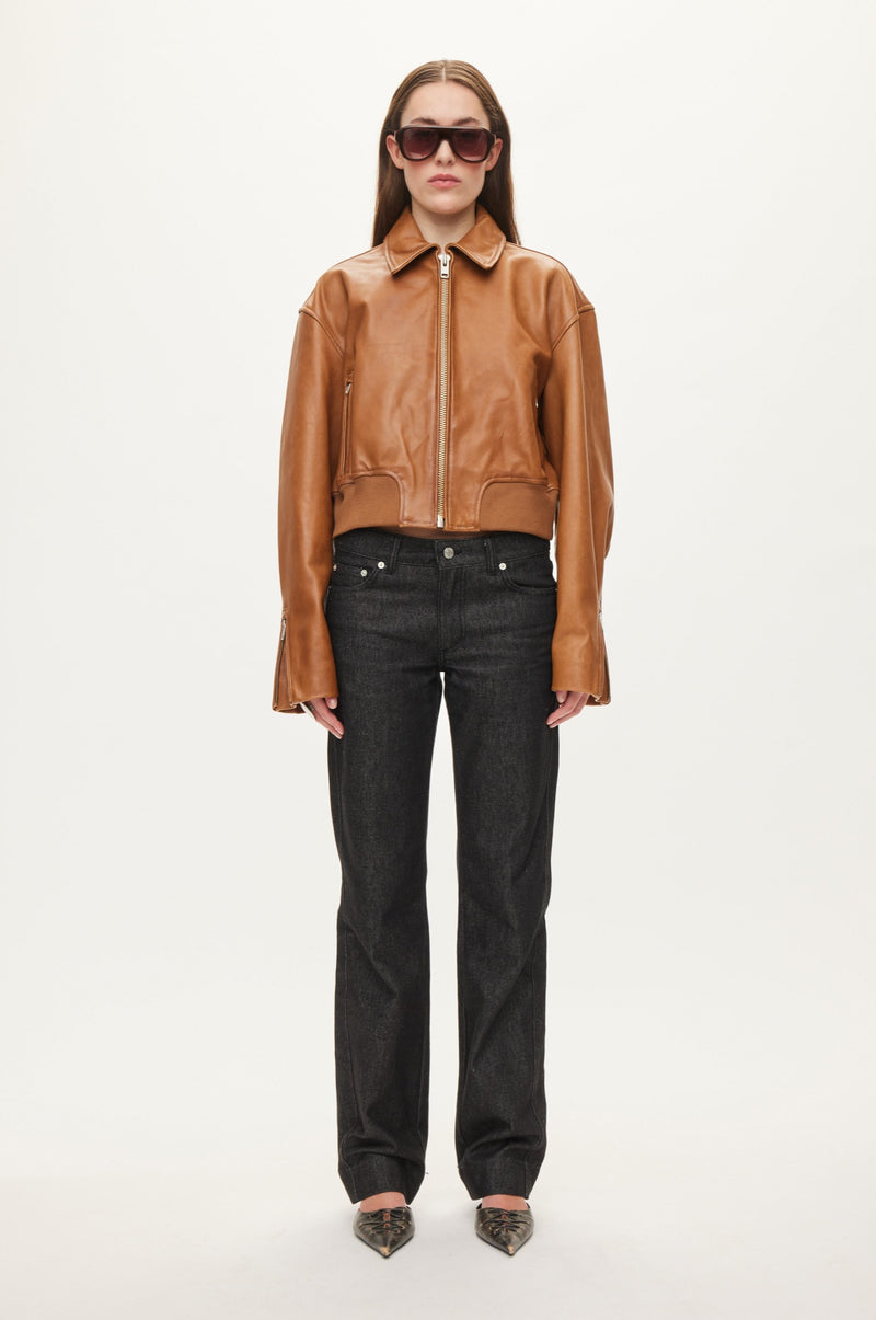 Oval Square Marilyn leather bomber JACKETS Cognac
