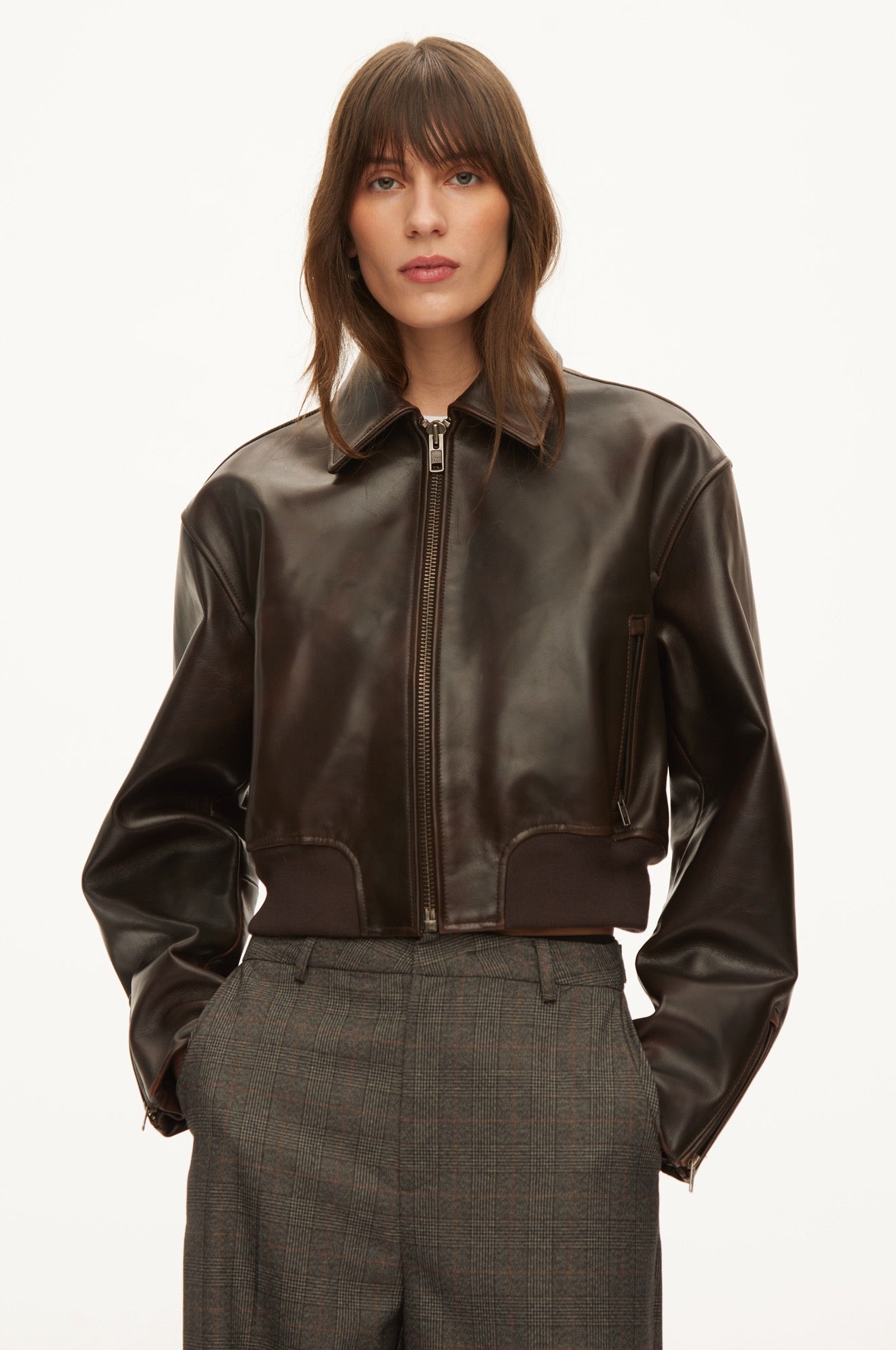 Oval Square Marilyn leather bomber JACKETS Dark Brown