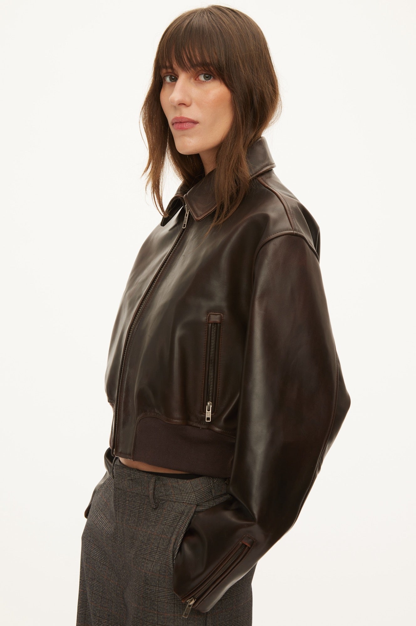 Oval Square Marilyn leather bomber JACKETS Dark Brown