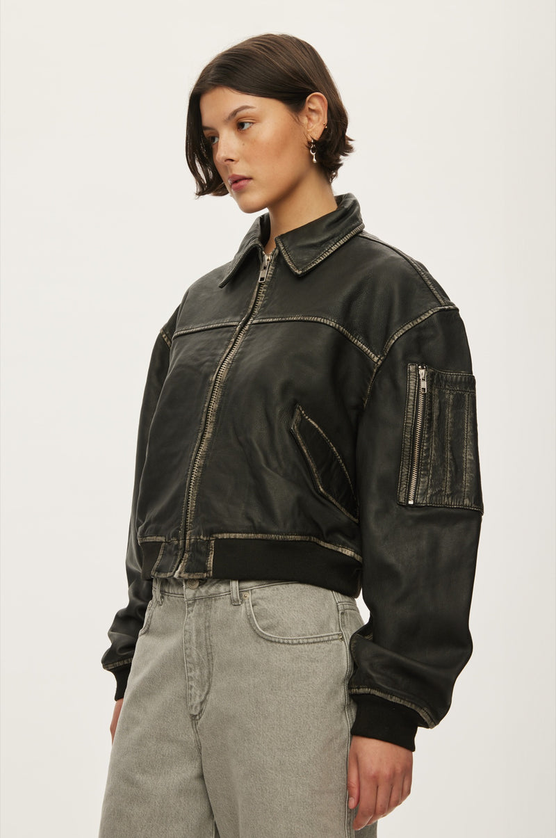 Oval Square OSRocker Leather Bomber JACKETS 8007 Vintage Black
