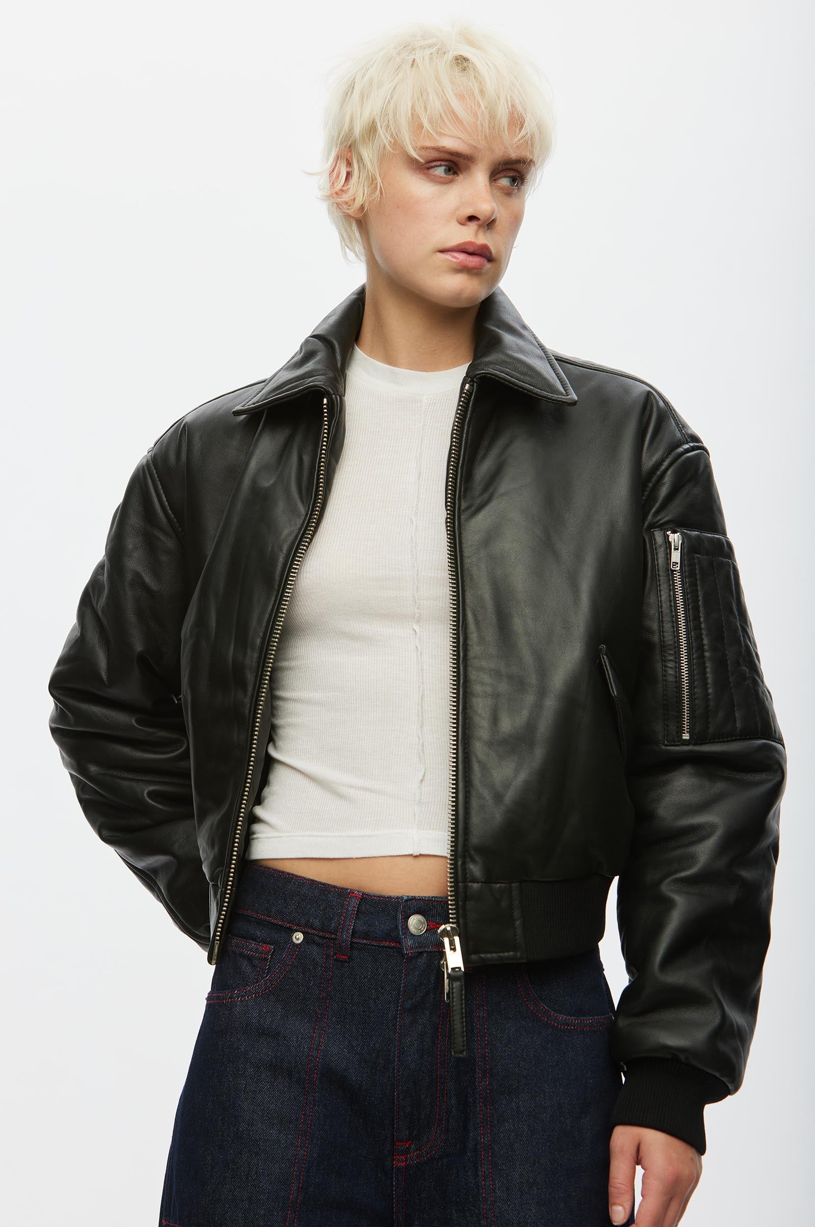 Oval Square Pad Leather Bomber JACKETS 8001 Black