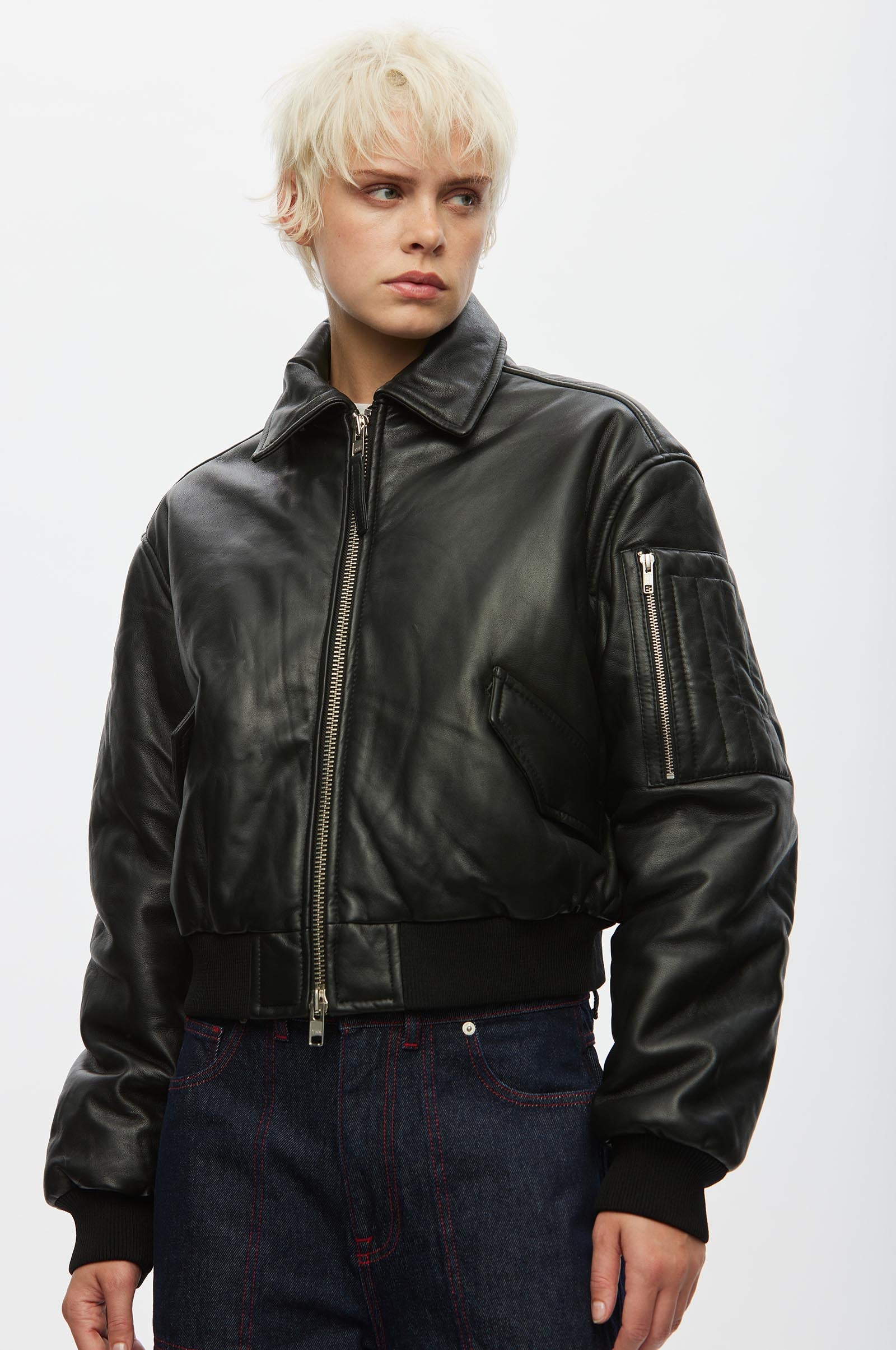Oval Square Pad Leather Bomber JACKETS 8001 Black