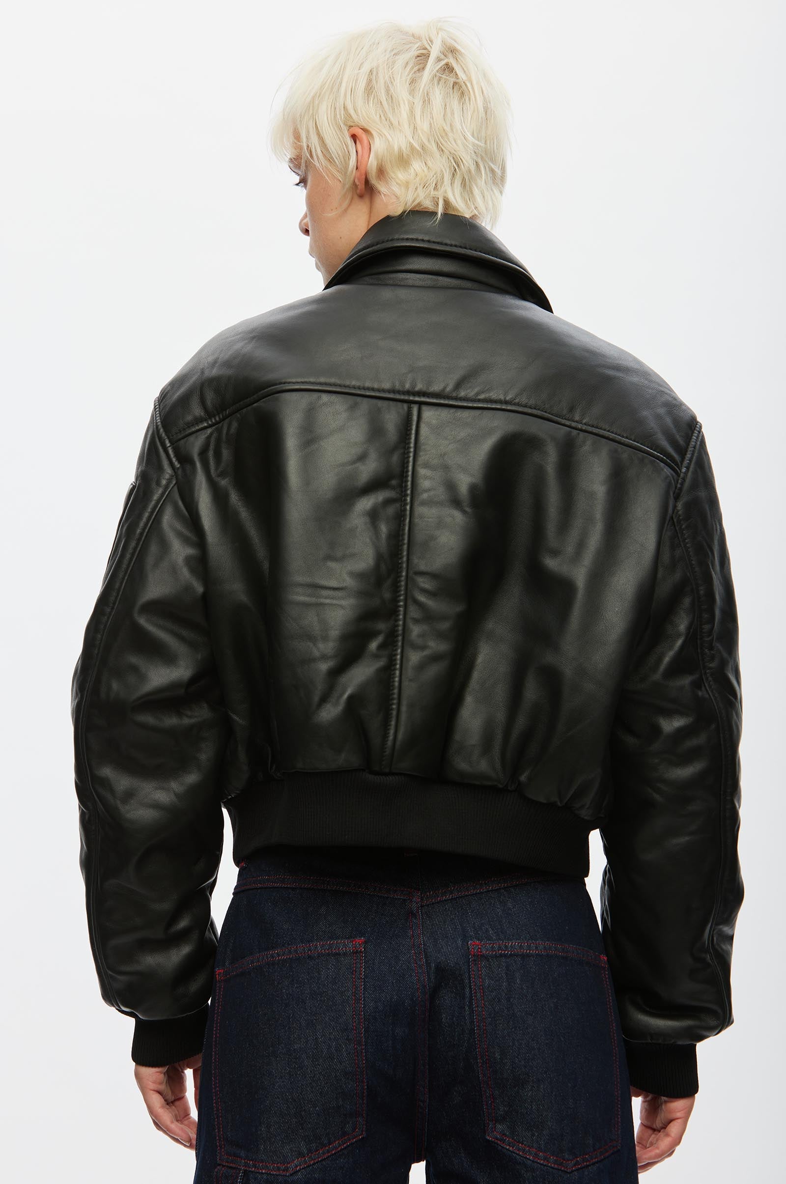 Oval Square Pad Leather Bomber JACKETS 8001 Black