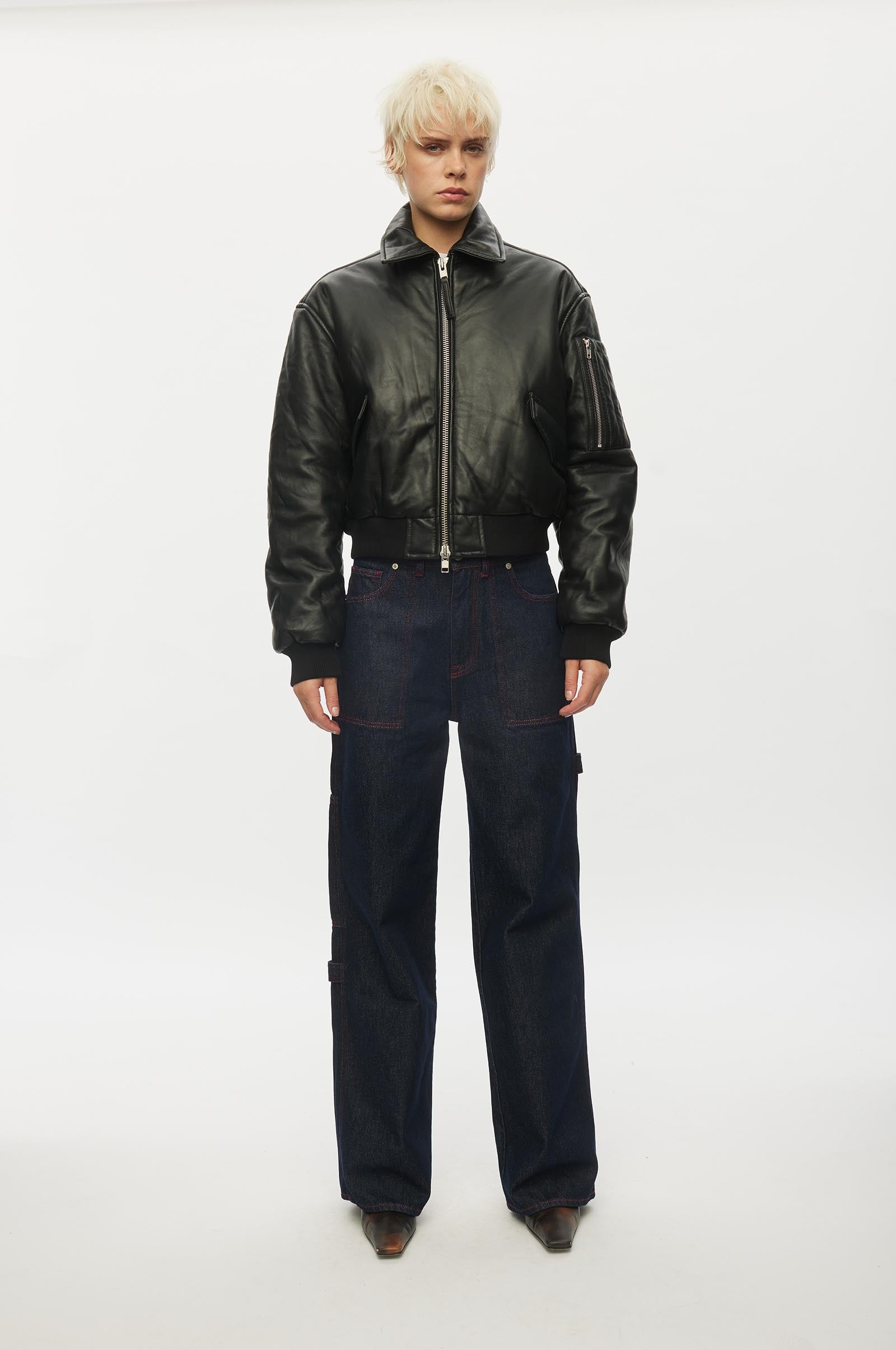 Oval Square Pad Leather Bomber JACKETS 8001 Black