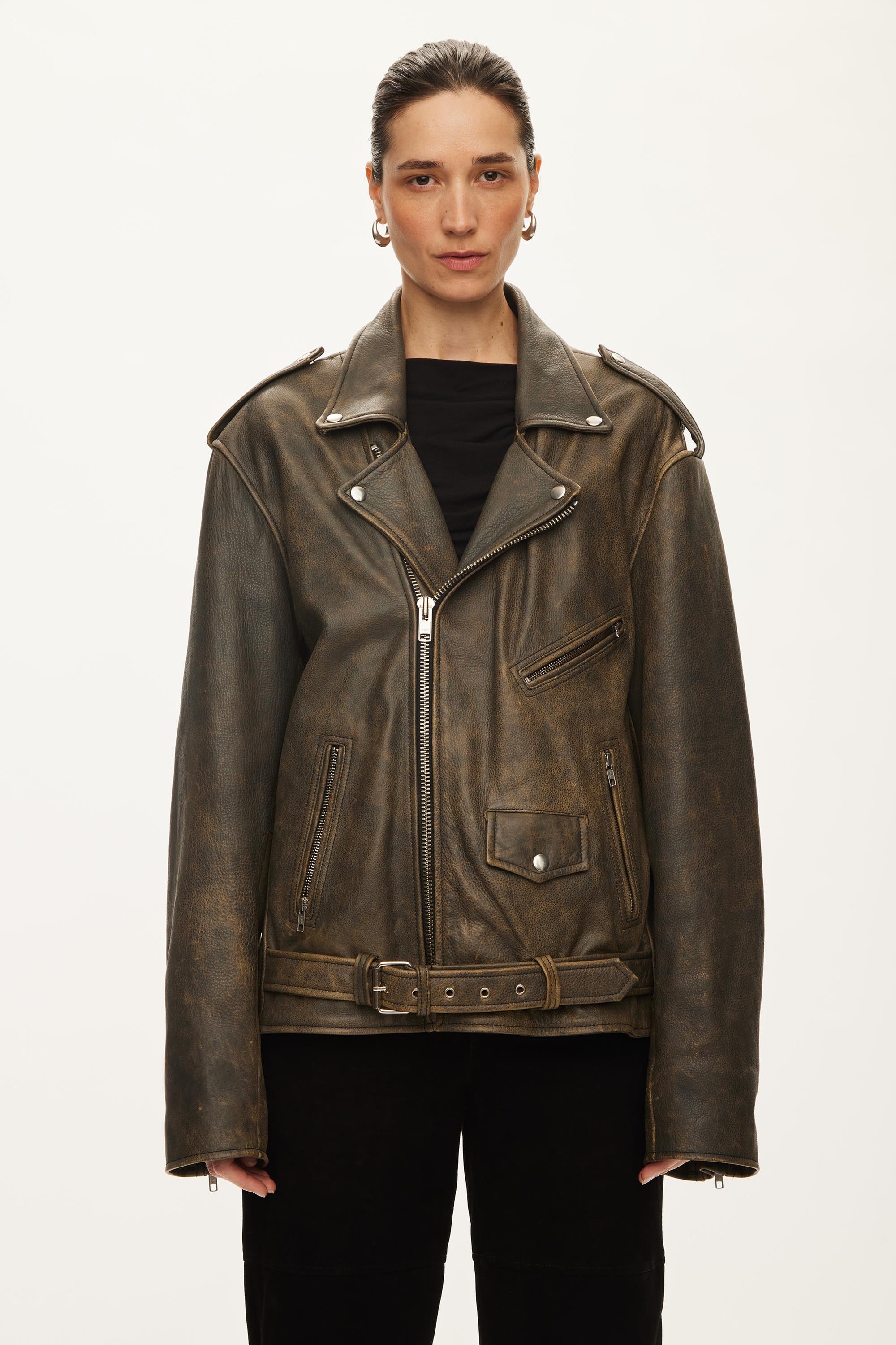 Oval Square Ready Leather Biker JACKETS Grey antique