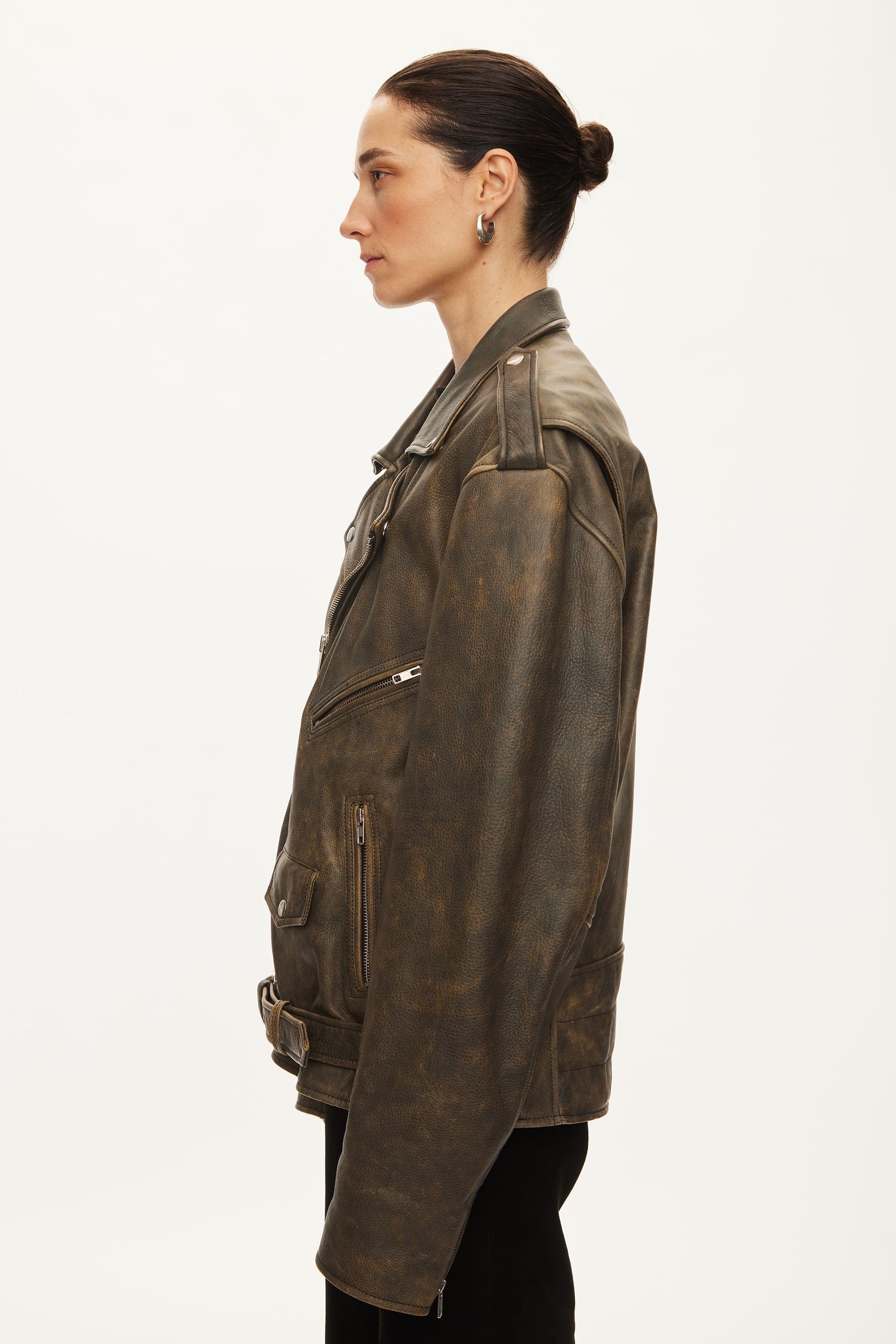 Oval Square Ready Leather Biker JACKETS Grey antique