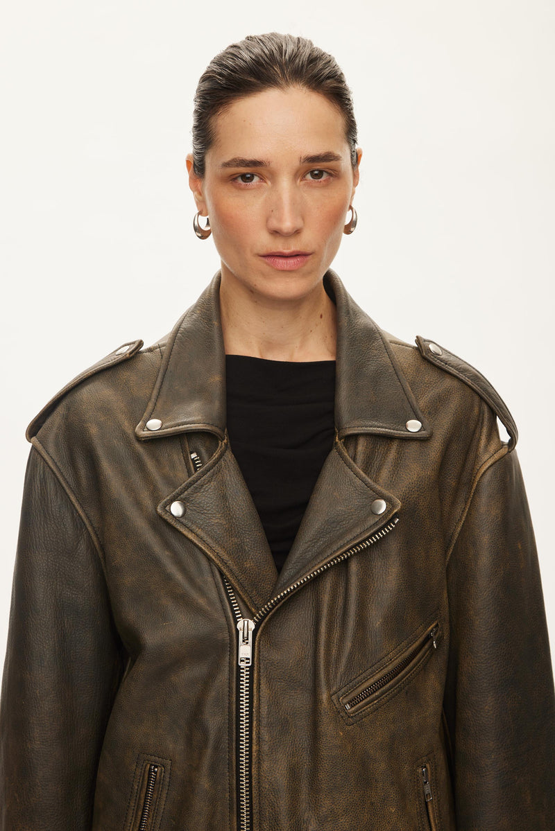 Oval Square Ready Leather Biker JACKETS Greyn antique