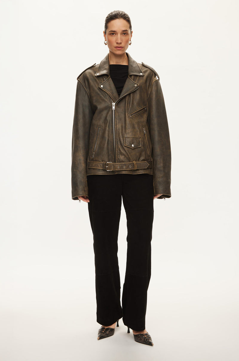 Oval Square Ready Leather Biker JACKETS Greyn antique