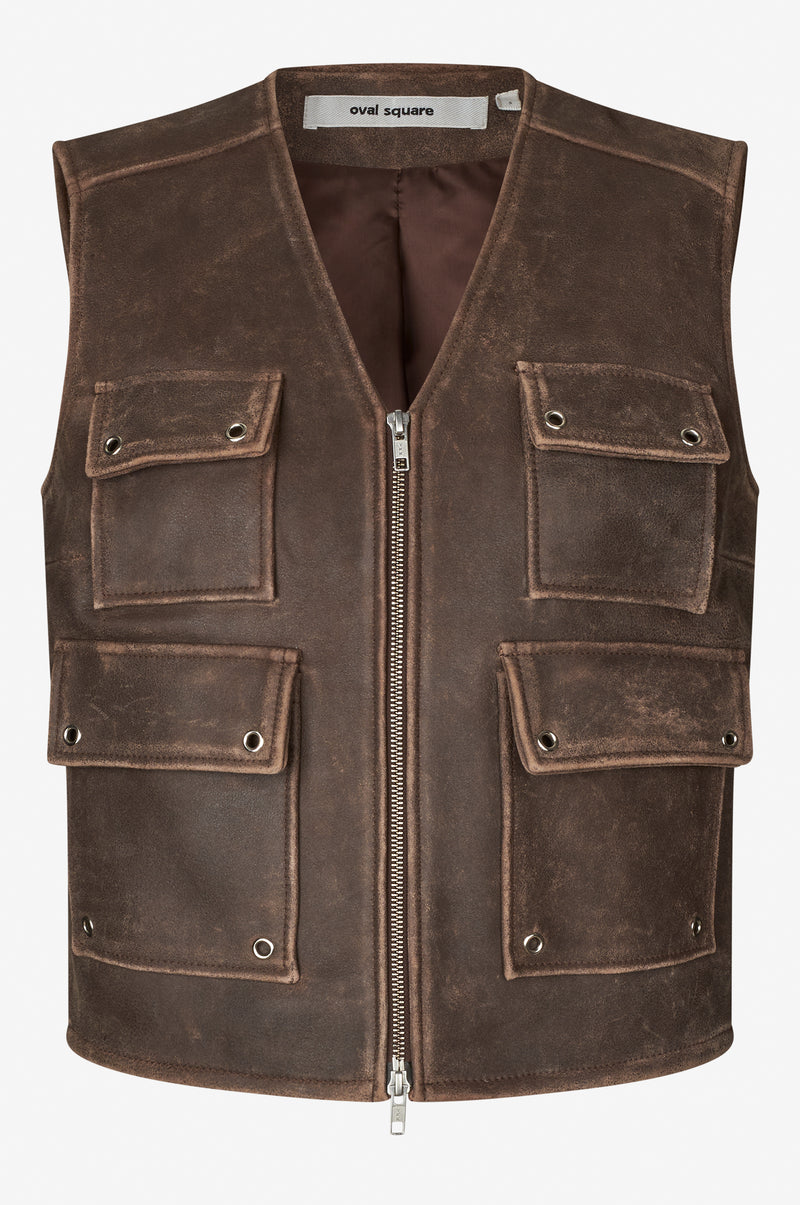 Oval Square Ride Leather Vest VESTS 6019 Dark Brown Worn