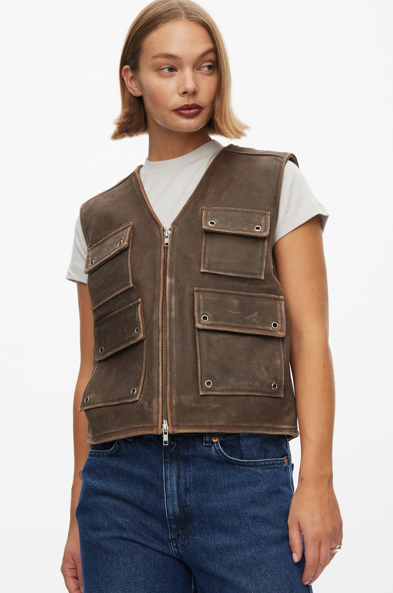 Oval Square Ride Leather Vest VESTS 6019 Dark Brown Worn