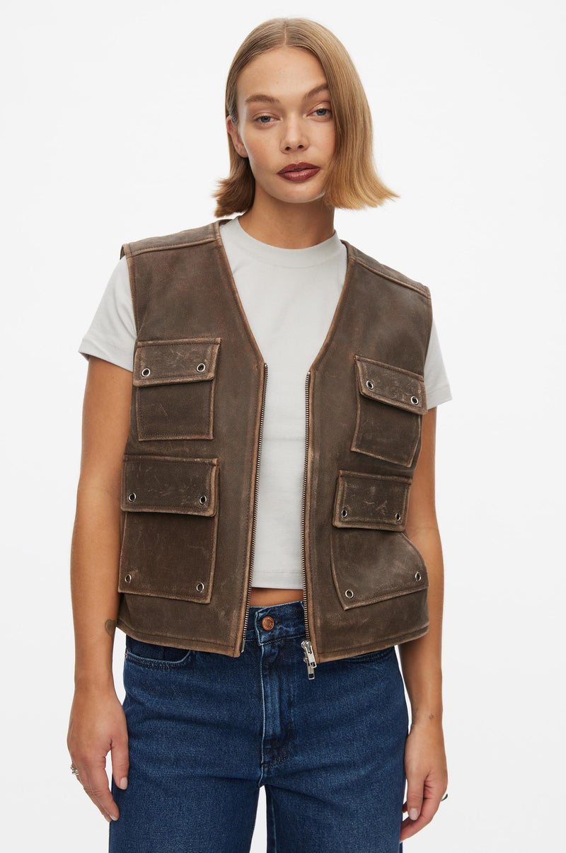Oval Square Ride Leather Vest VESTS 6019 Dark Brown Worn