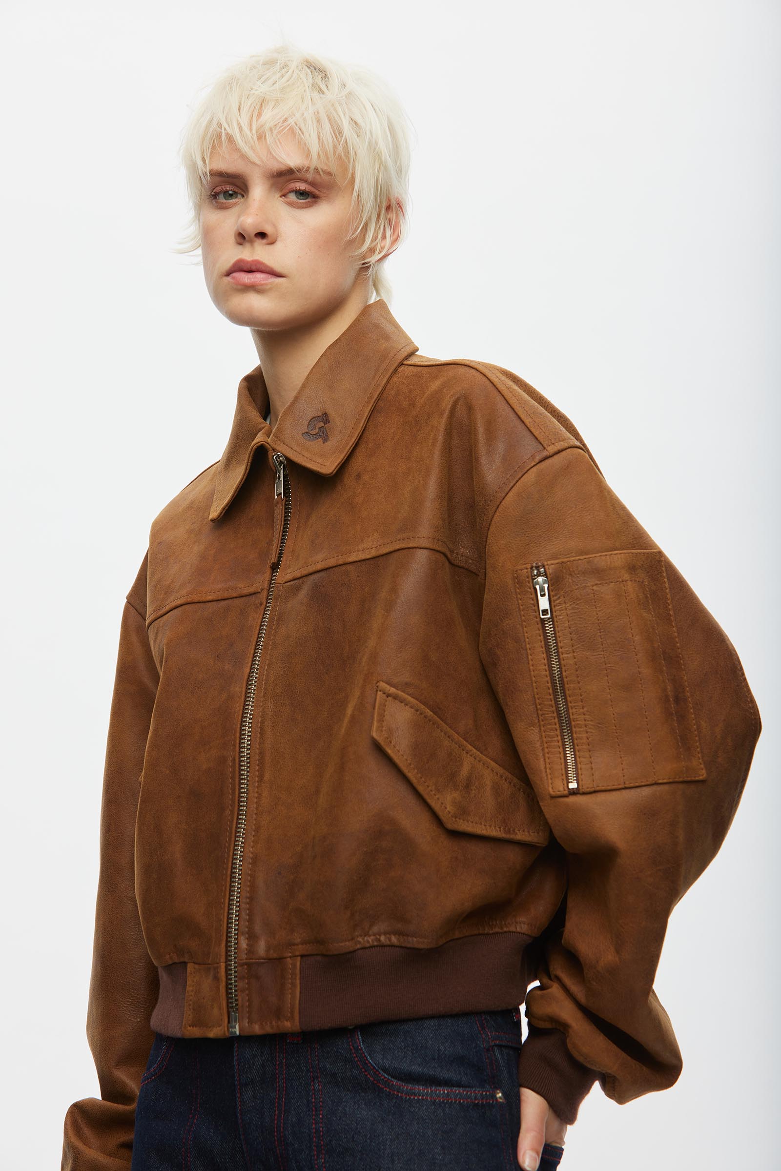 Oval Square Rocky Leather Bomber JACKETS 6013 Used Brown
