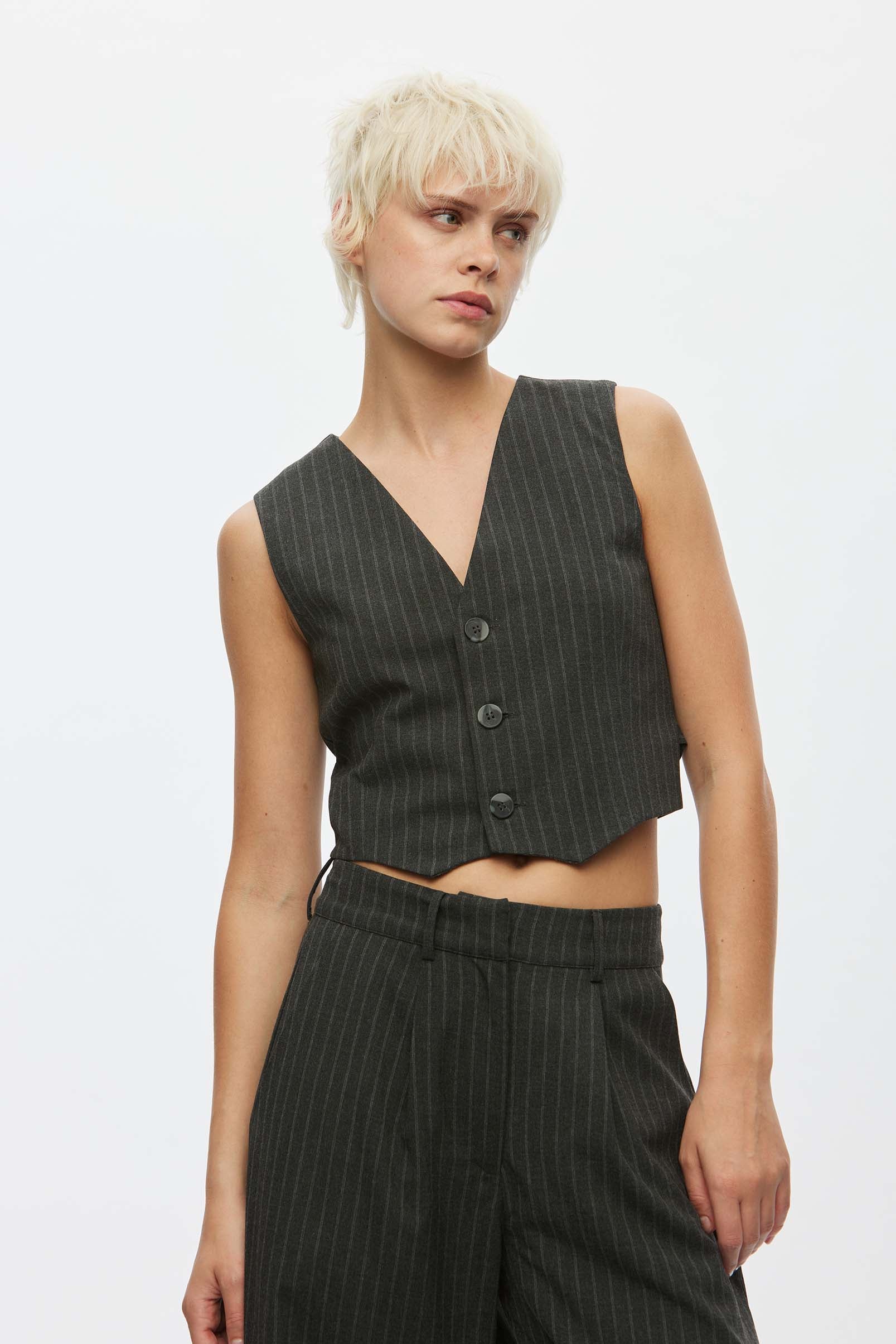 Oval Square Rowy Vest TOP 7013 Dark Grey Pinstripe