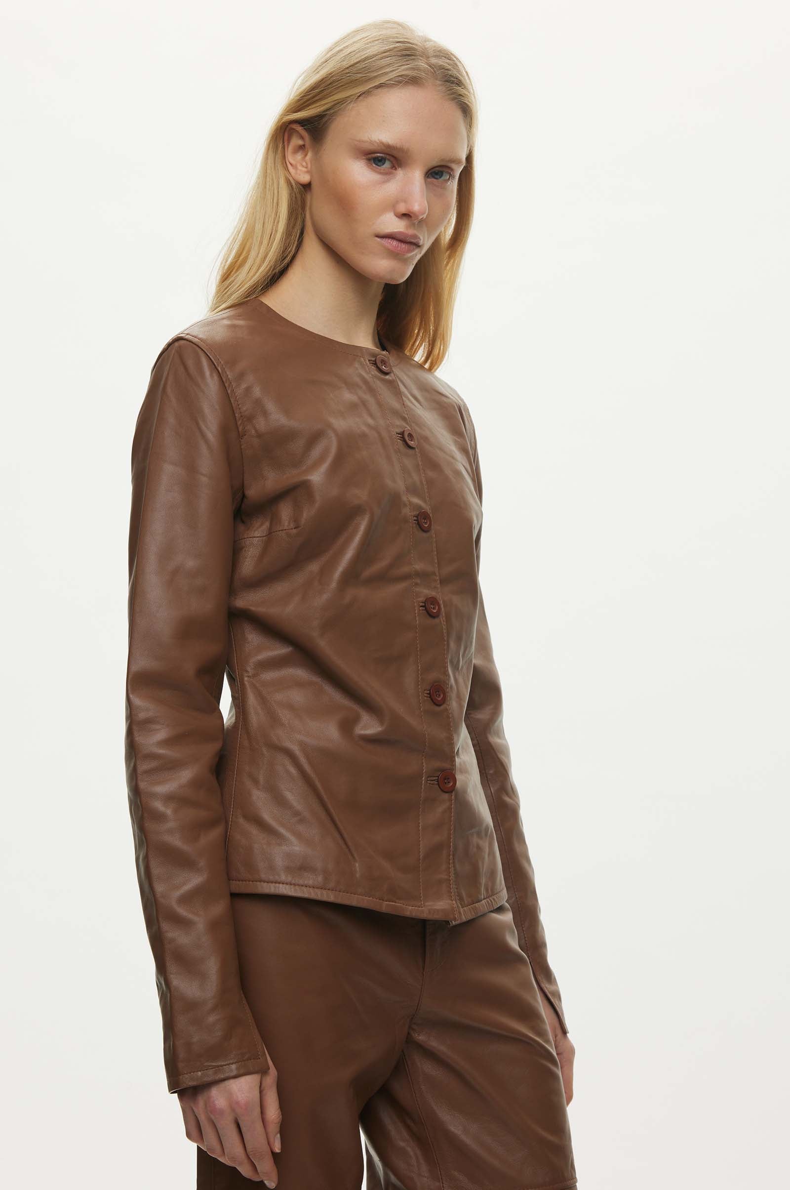 Oval Square Scoop Leather Blouse BLOUSES 6022 Coca Mocha