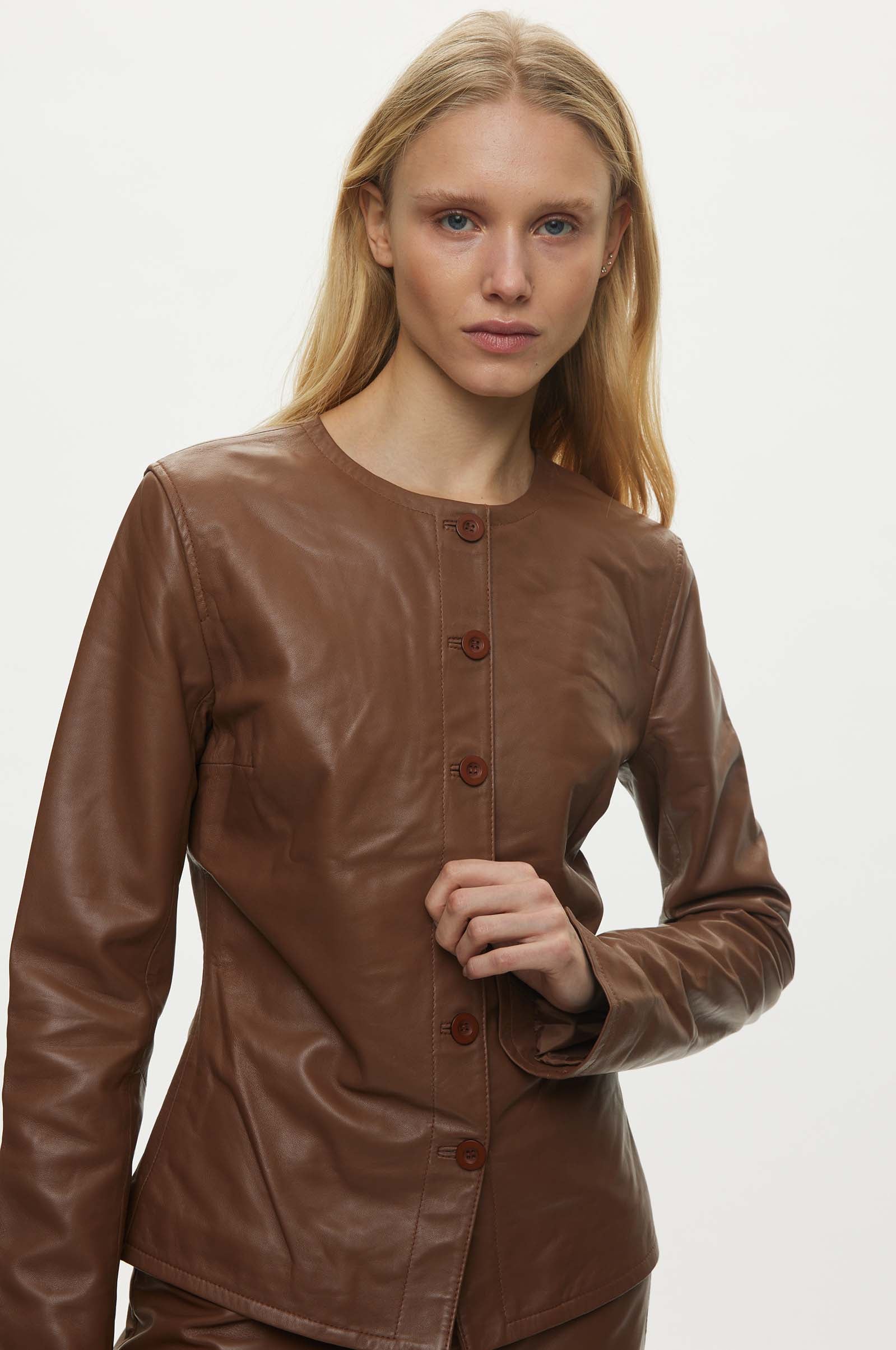 Oval Square Scoop Leather Blouse BLOUSES 6022 Coca Mocha