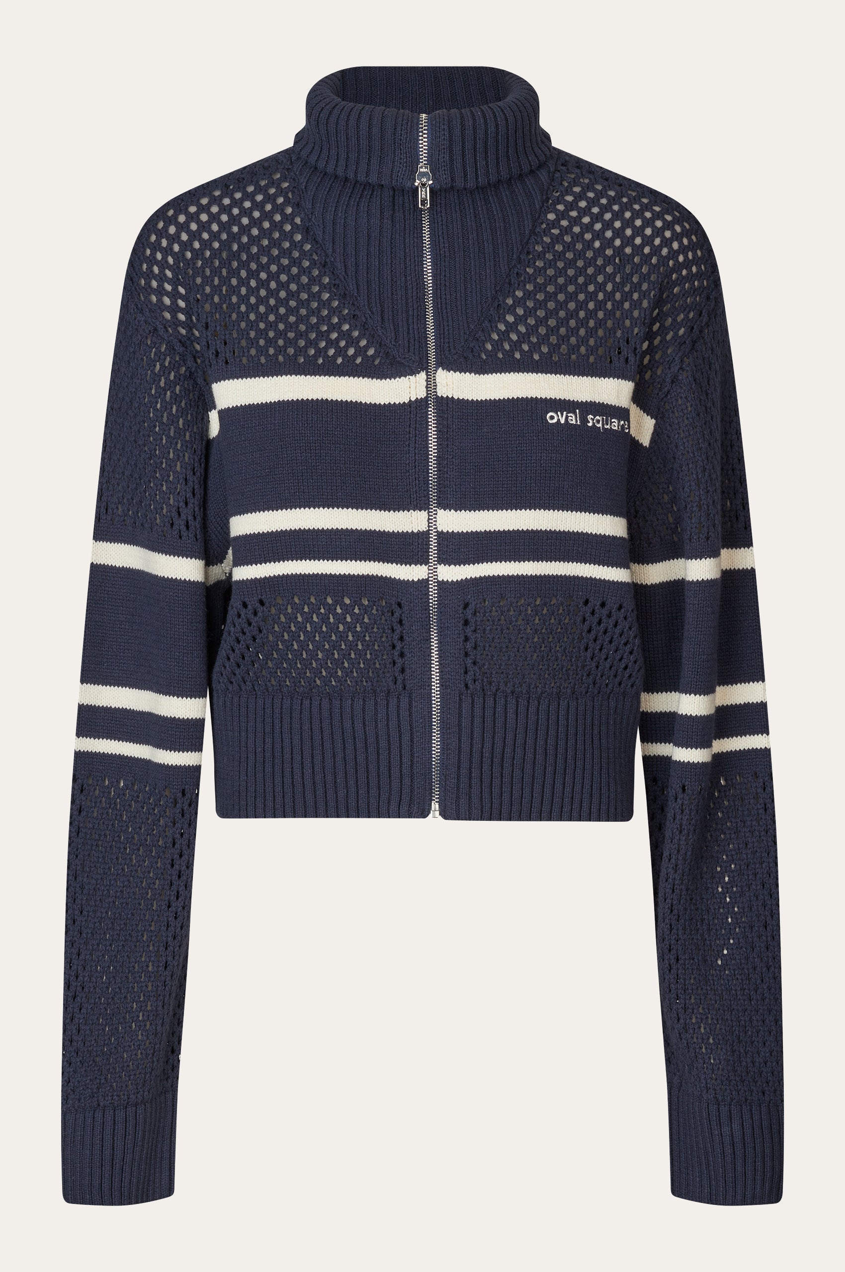 Oval Square Snow Zip Cardigan KNITS Navy checks