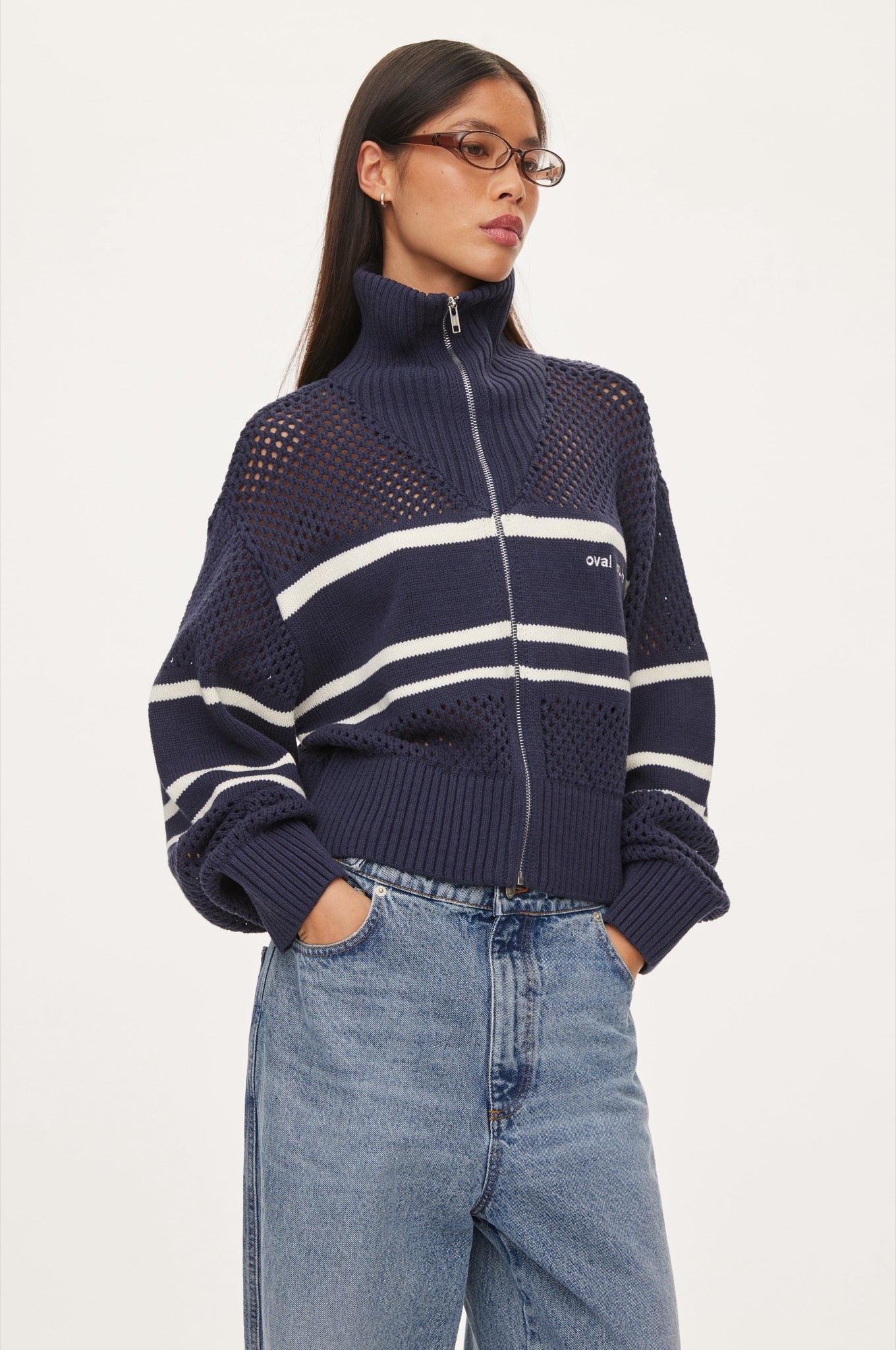 Oval Square Snow Zip Cardigan KNITS Navy checks
