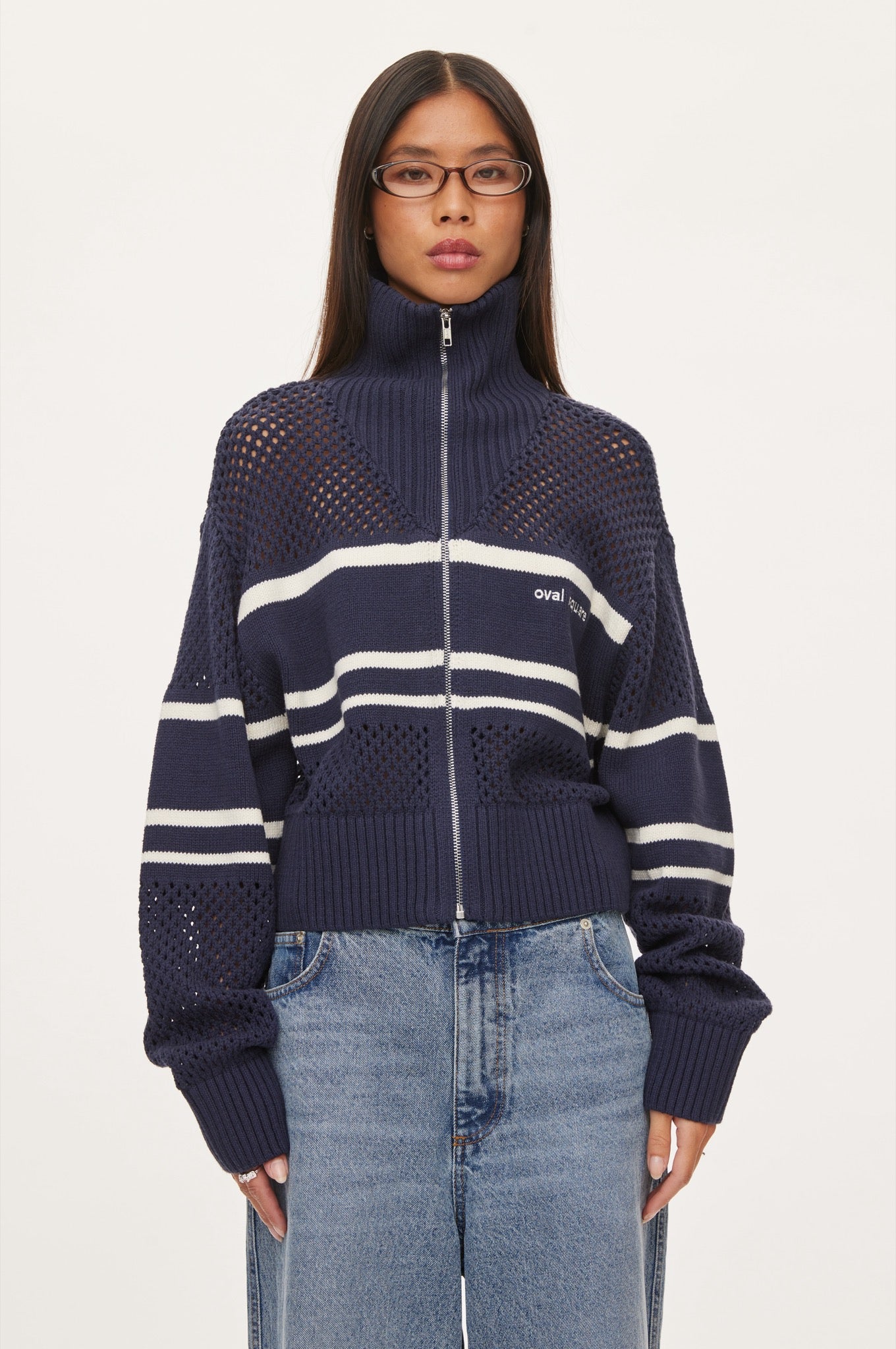 Oval Square Snow Zip Cardigan KNITS Navy checks