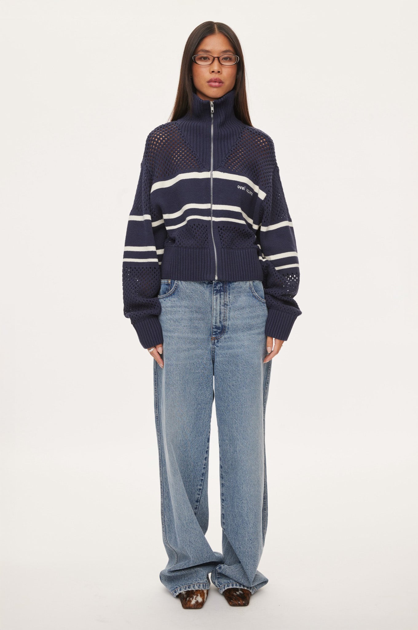 Oval Square Snow Zip Cardigan KNITS Navy checks